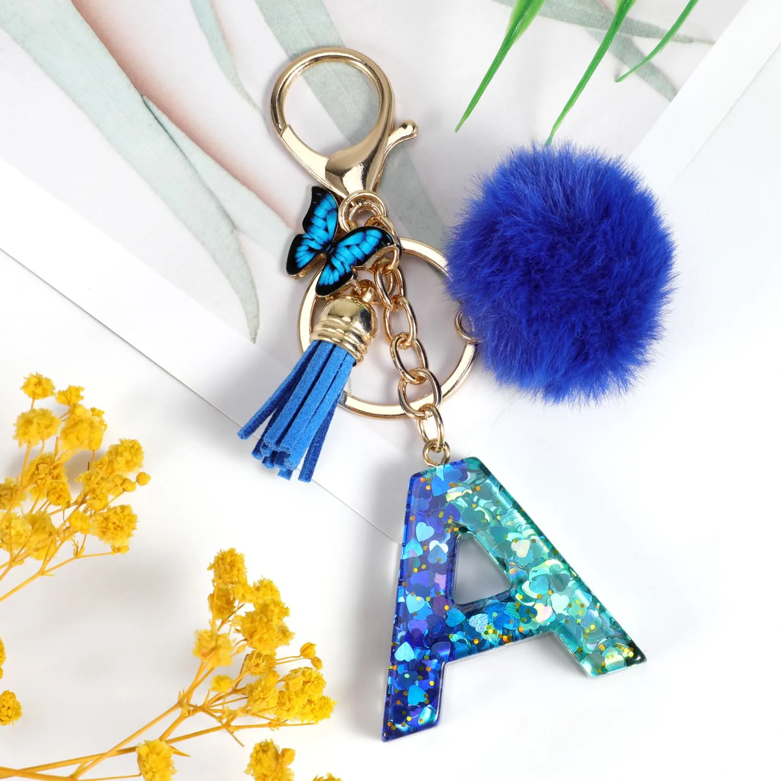 MWOOT Nome Lettera iniziale A Portachiavi, Blu Portachiavi per auto per donne, Ciondoli in Resina per Chiave della Porta Chiavi della Macchina Decorazione della Borsa - immagine 2
