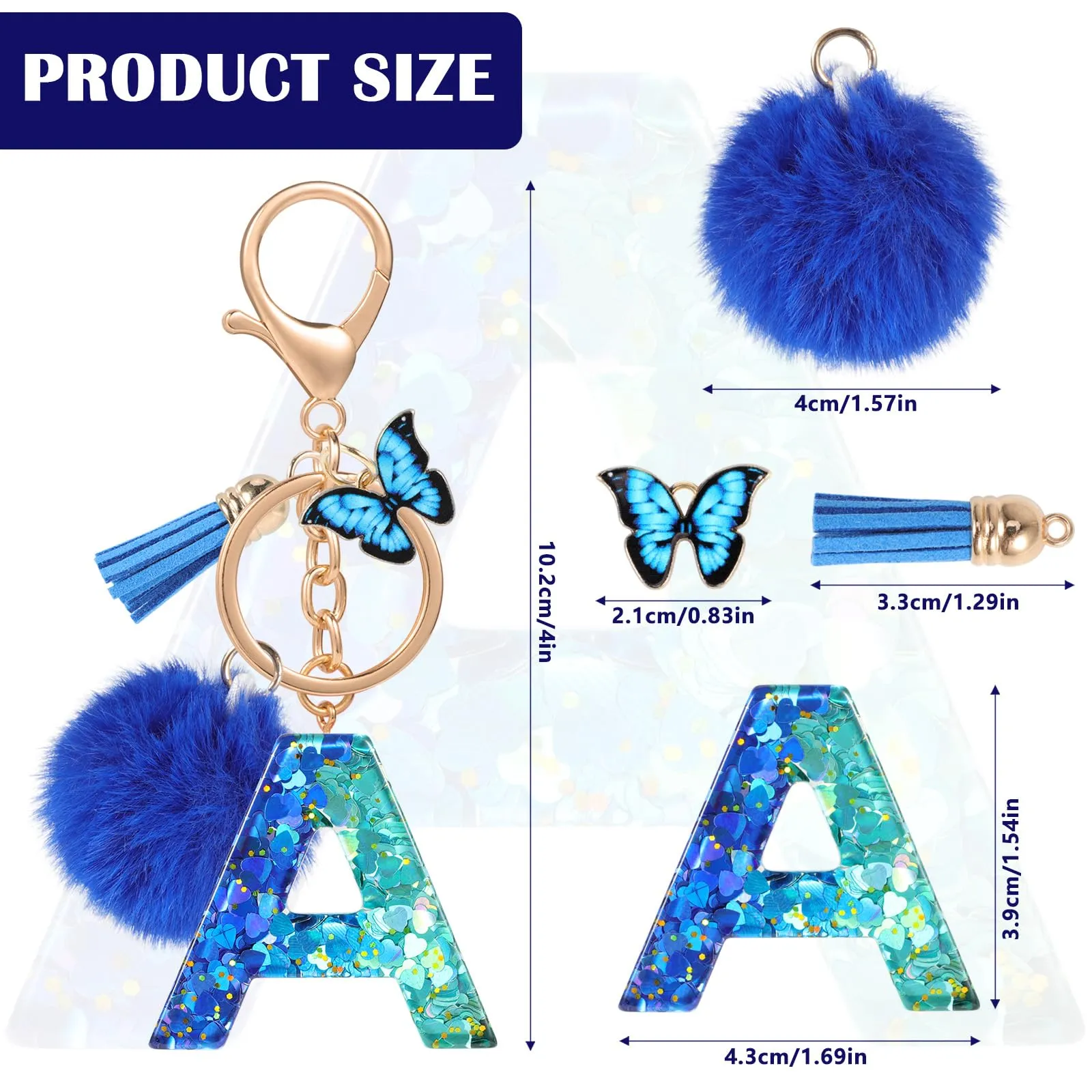 MWOOT Nome Lettera iniziale A Portachiavi, Blu Portachiavi per auto per donne, Ciondoli in Resina per Chiave della Porta Chiavi della Macchina Decorazione della Borsa - immagine 3