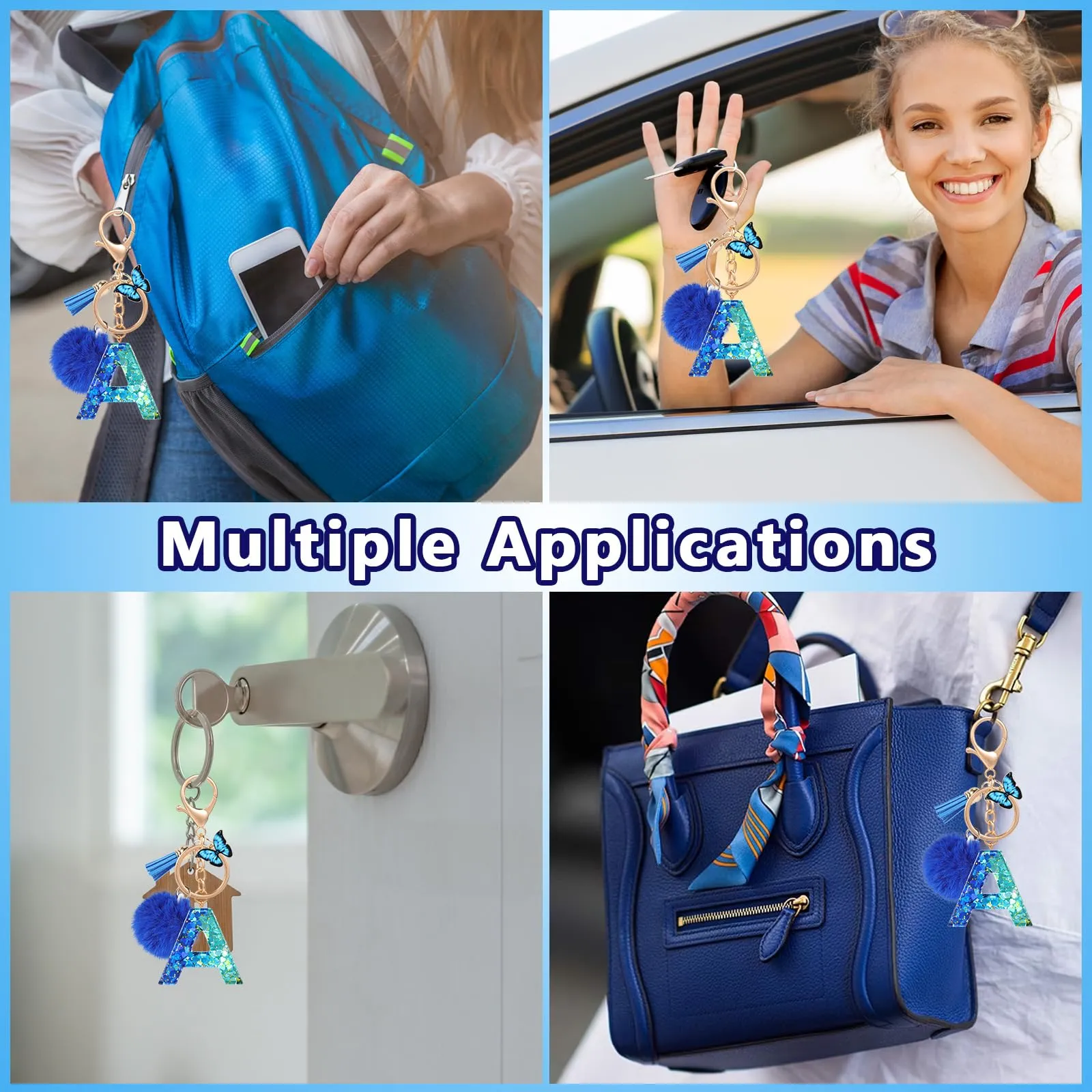MWOOT Nome Lettera iniziale A Portachiavi, Blu Portachiavi per auto per donne, Ciondoli in Resina per Chiave della Porta Chiavi della Macchina Decorazione della Borsa - immagine 6