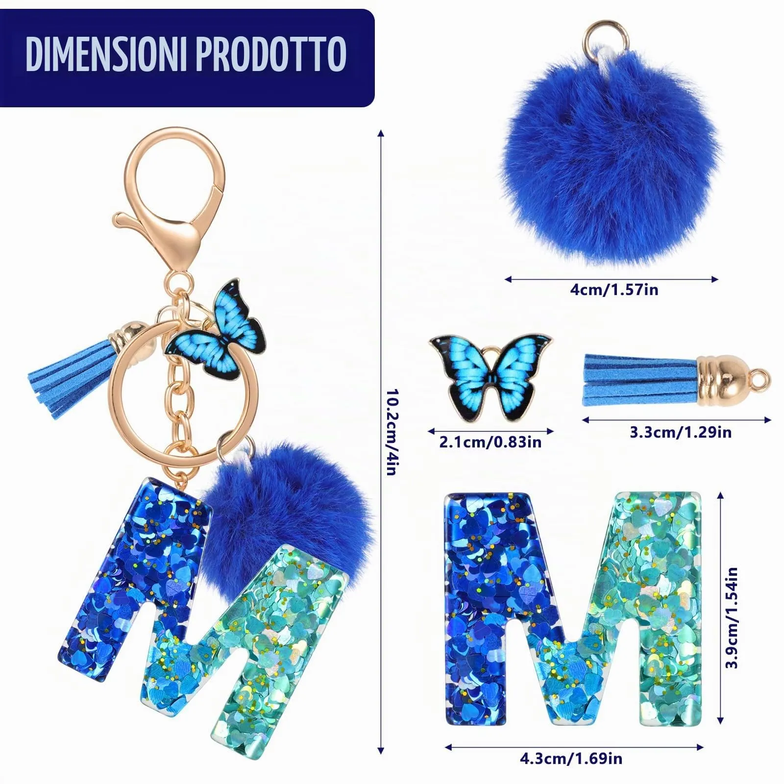 MWOOT Nome Lettera iniziale M Portachiavi, Blu Portachiavi per auto per donne, Ciondoli in Resina per Chiave della Porta Chiavi della Macchina Decorazione della Borsa - immagine 3