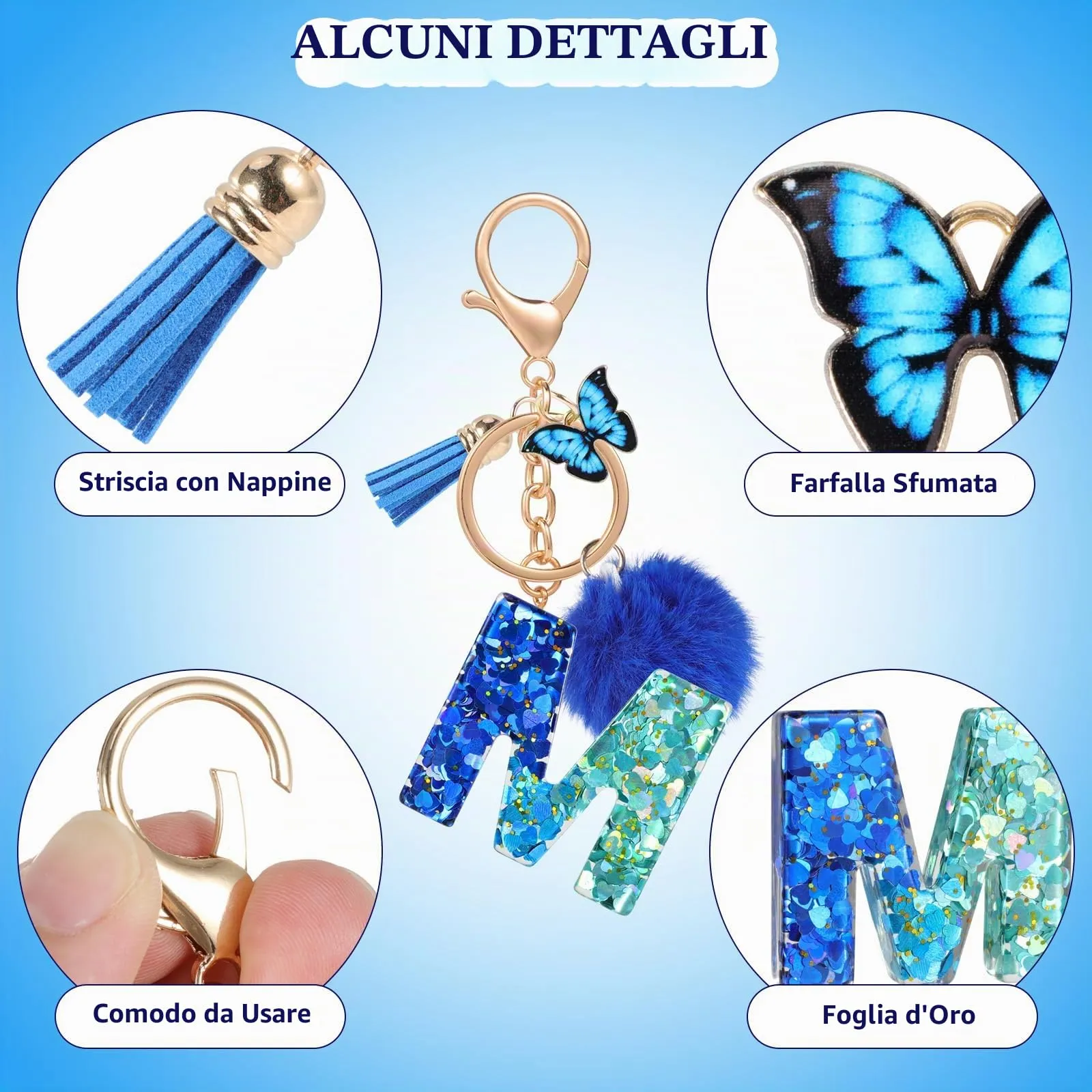 MWOOT Nome Lettera iniziale M Portachiavi, Blu Portachiavi per auto per donne, Ciondoli in Resina per Chiave della Porta Chiavi della Macchina Decorazione della Borsa - immagine 4