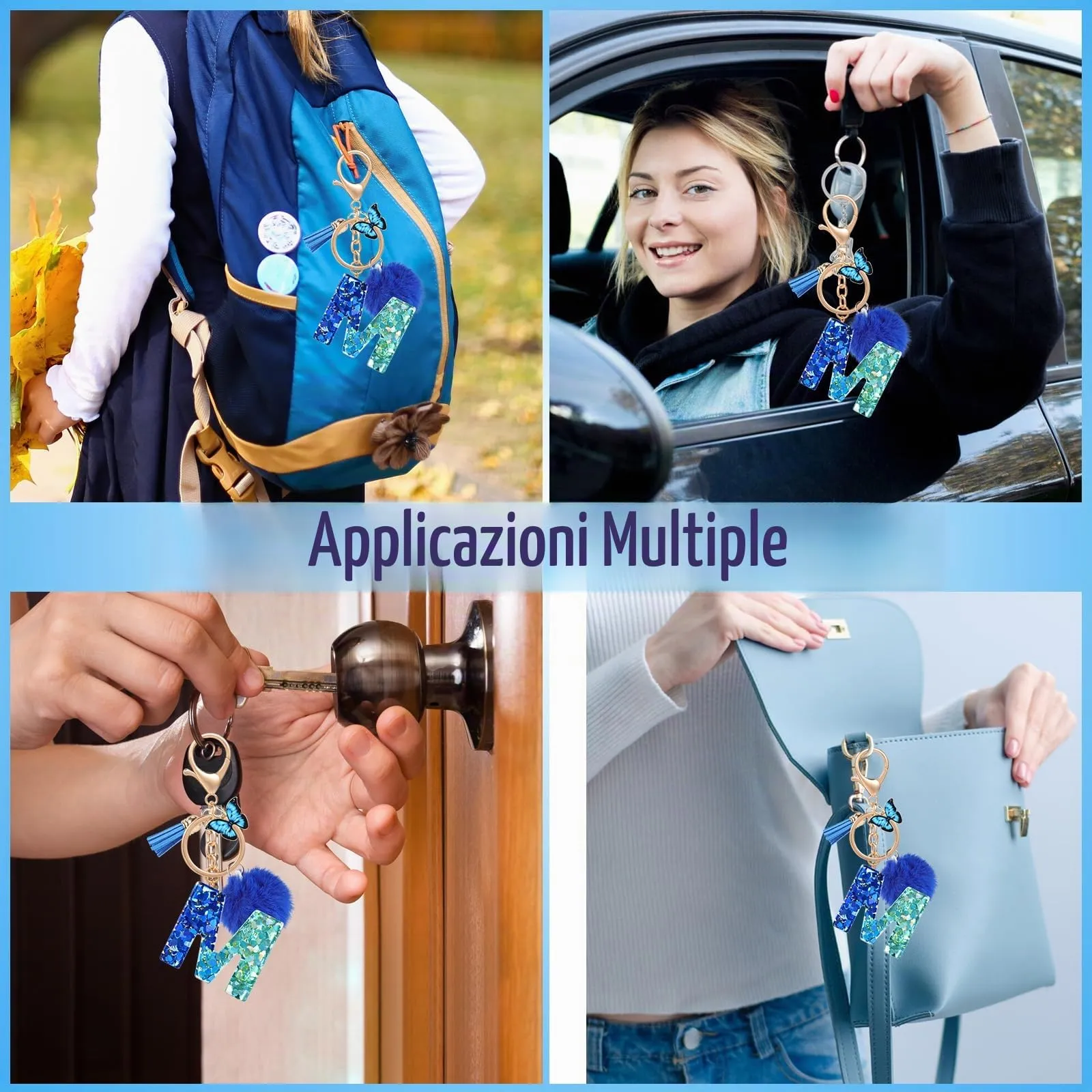 MWOOT Nome Lettera iniziale M Portachiavi, Blu Portachiavi per auto per donne, Ciondoli in Resina per Chiave della Porta Chiavi della Macchina Decorazione della Borsa - immagine 6