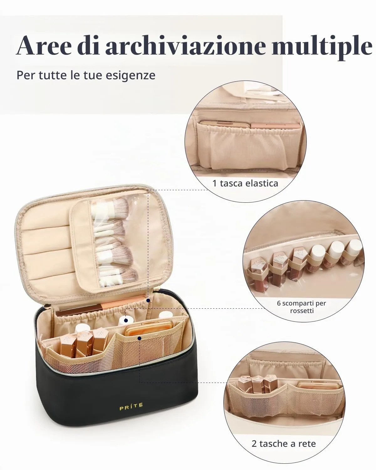 Prite Borsa Trucco Da Viaggio Femminile Con Scomparto Portapennelli - immagine 3