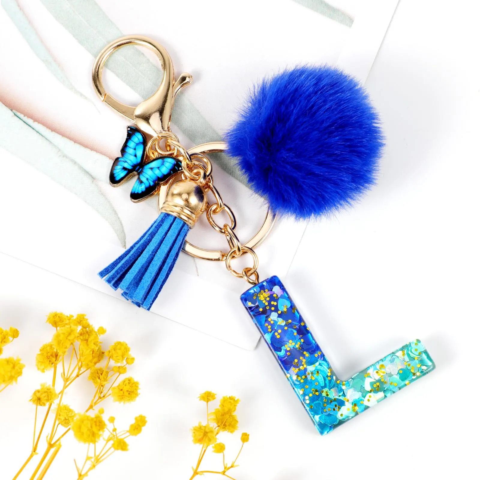 MWOOT Nome Lettera iniziale L Portachiavi, Blu Portachiavi per auto per donne, Ciondoli in Resina per Chiave della Porta Chiavi della Macchina Decorazione della Borsa - immagine 2