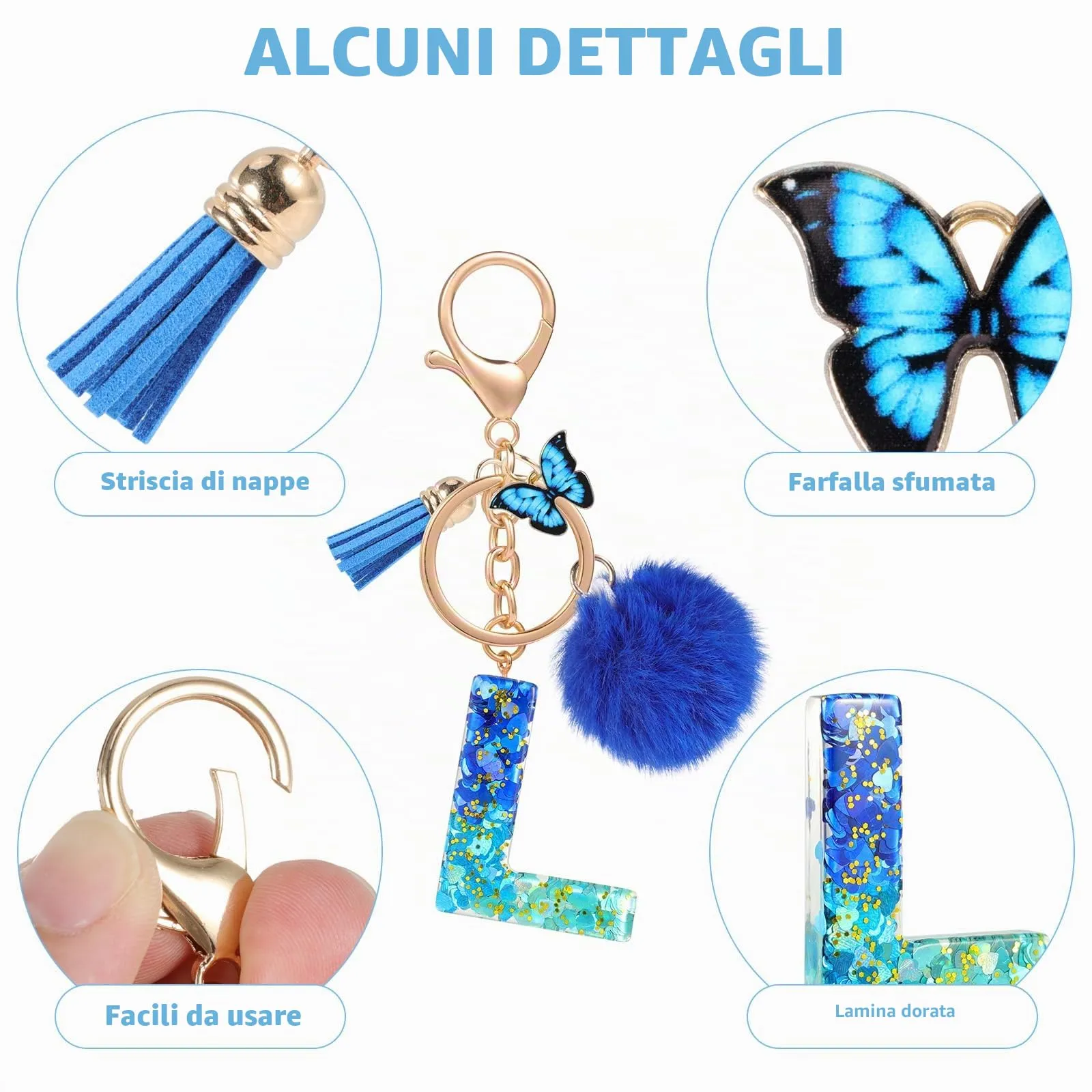 MWOOT Nome Lettera iniziale L Portachiavi, Blu Portachiavi per auto per donne, Ciondoli in Resina per Chiave della Porta Chiavi della Macchina Decorazione della Borsa - immagine 4