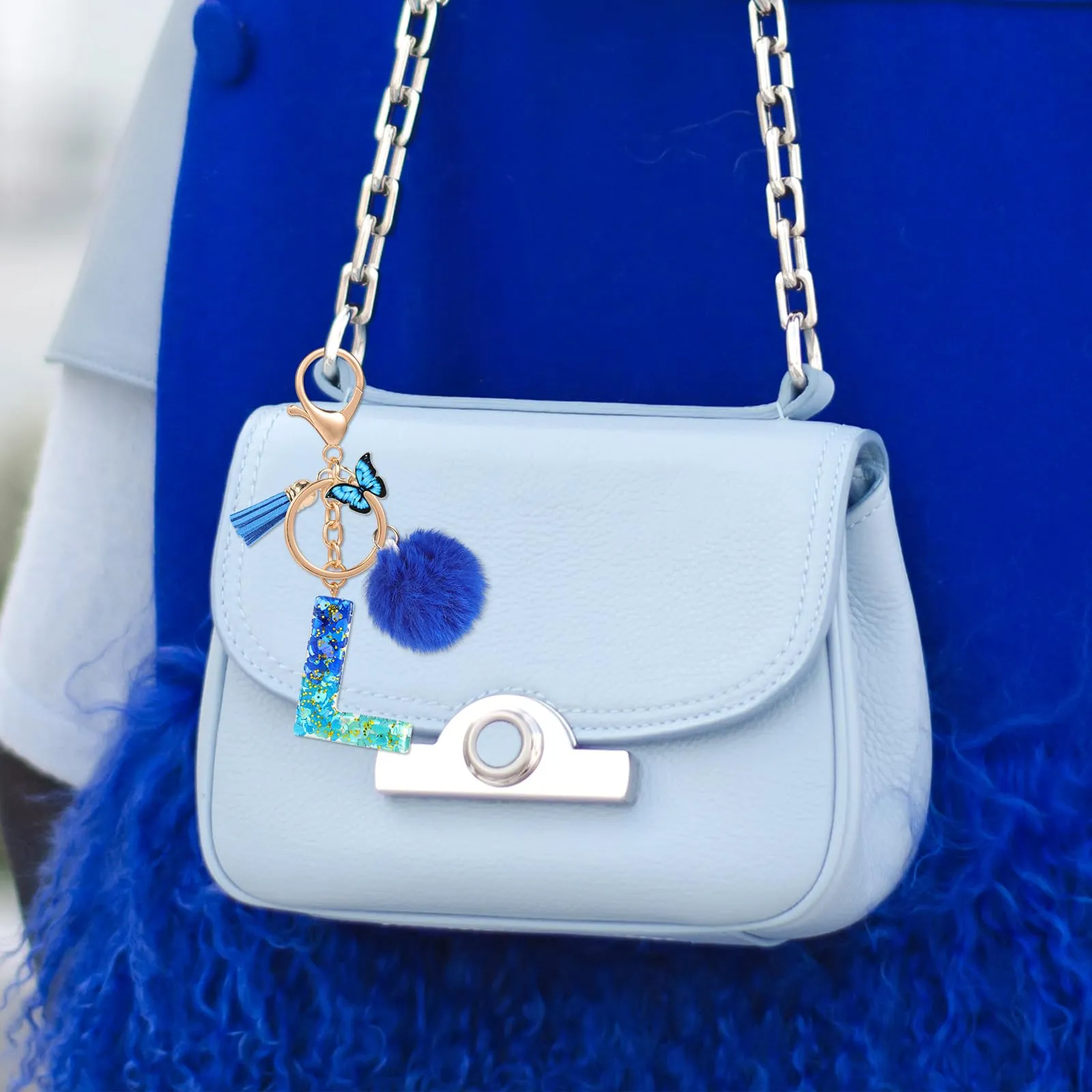 MWOOT Nome Lettera iniziale L Portachiavi, Blu Portachiavi per auto per donne, Ciondoli in Resina per Chiave della Porta Chiavi della Macchina Decorazione della Borsa - immagine 6