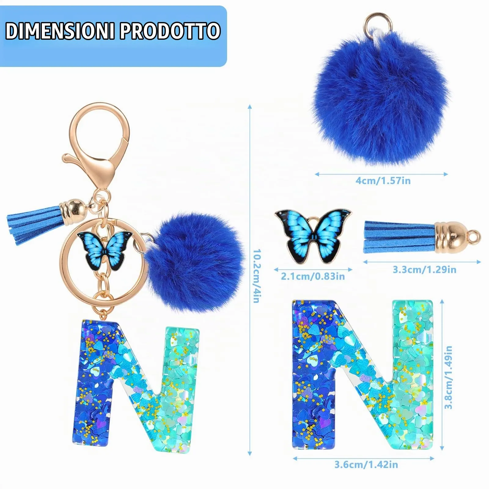 MWOOT Nome Lettera iniziale N Portachiavi, Blu Portachiavi per auto per donne, Ciondoli in Resina per Chiave della Porta Chiavi della Macchina Decorazione della Borsa - immagine 3