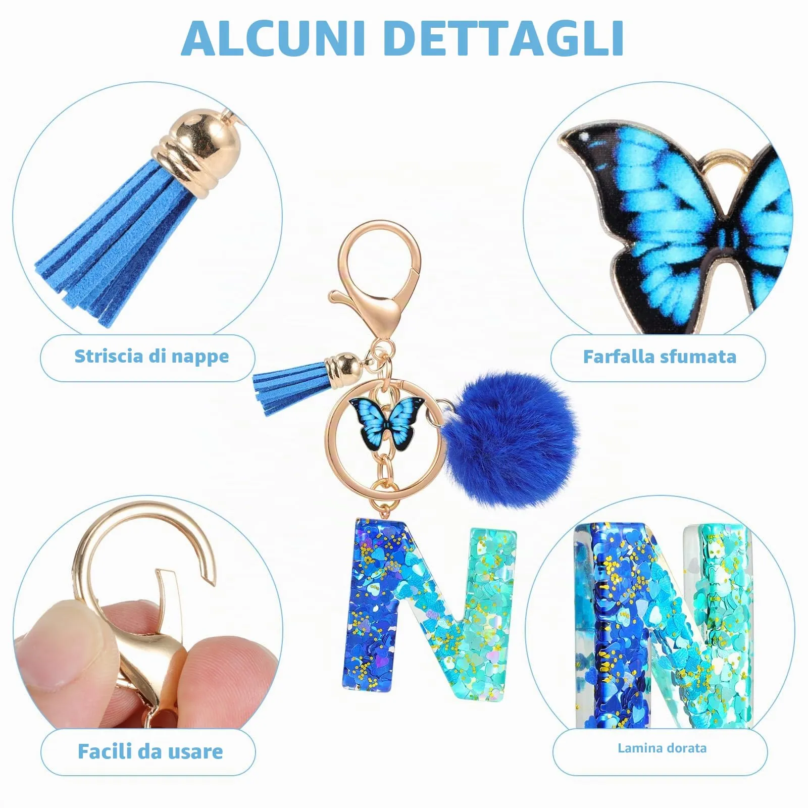 MWOOT Nome Lettera iniziale N Portachiavi, Blu Portachiavi per auto per donne, Ciondoli in Resina per Chiave della Porta Chiavi della Macchina Decorazione della Borsa - immagine 4