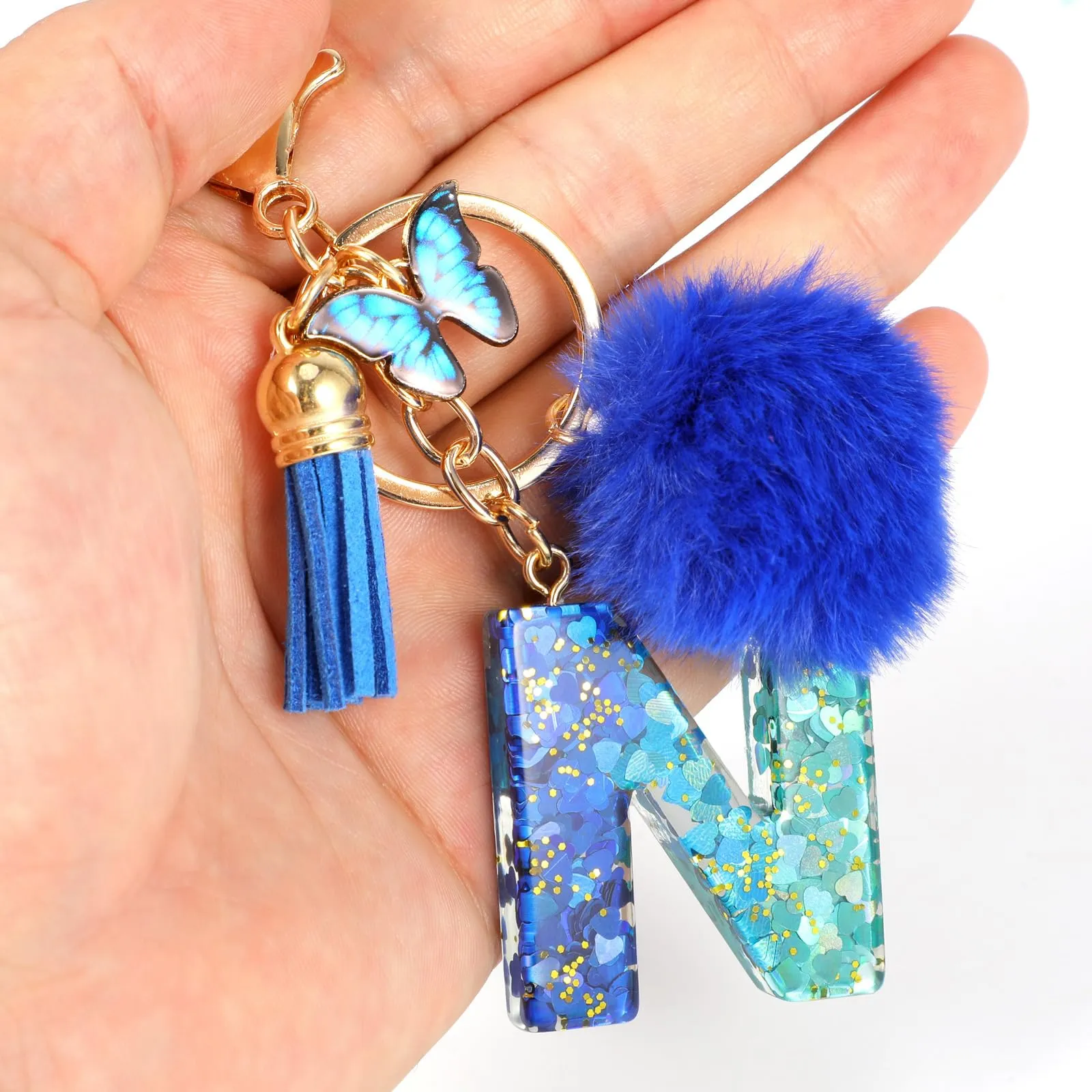 MWOOT Nome Lettera iniziale N Portachiavi, Blu Portachiavi per auto per donne, Ciondoli in Resina per Chiave della Porta Chiavi della Macchina Decorazione della Borsa - immagine 5