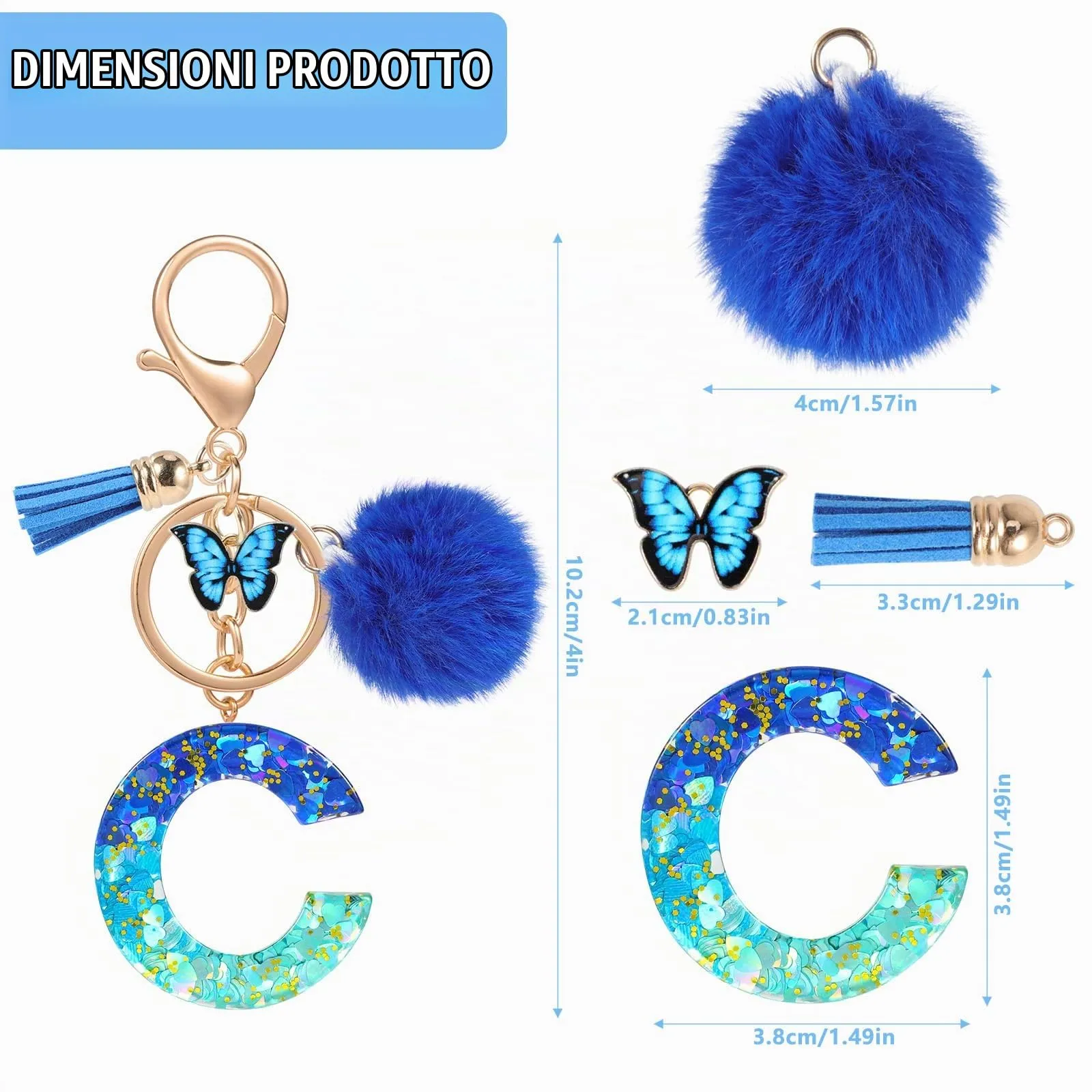 MWOOT Nome Lettera iniziale C Portachiavi, Blu Portachiavi per auto per donne, Ciondoli in Resina per Chiave della Porta Chiavi della Macchina Decorazione della Borsa - immagine 3