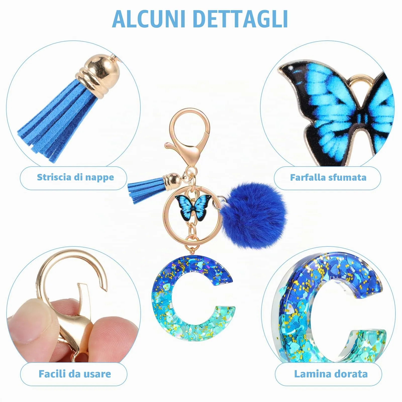 MWOOT Nome Lettera iniziale C Portachiavi, Blu Portachiavi per auto per donne, Ciondoli in Resina per Chiave della Porta Chiavi della Macchina Decorazione della Borsa - immagine 4