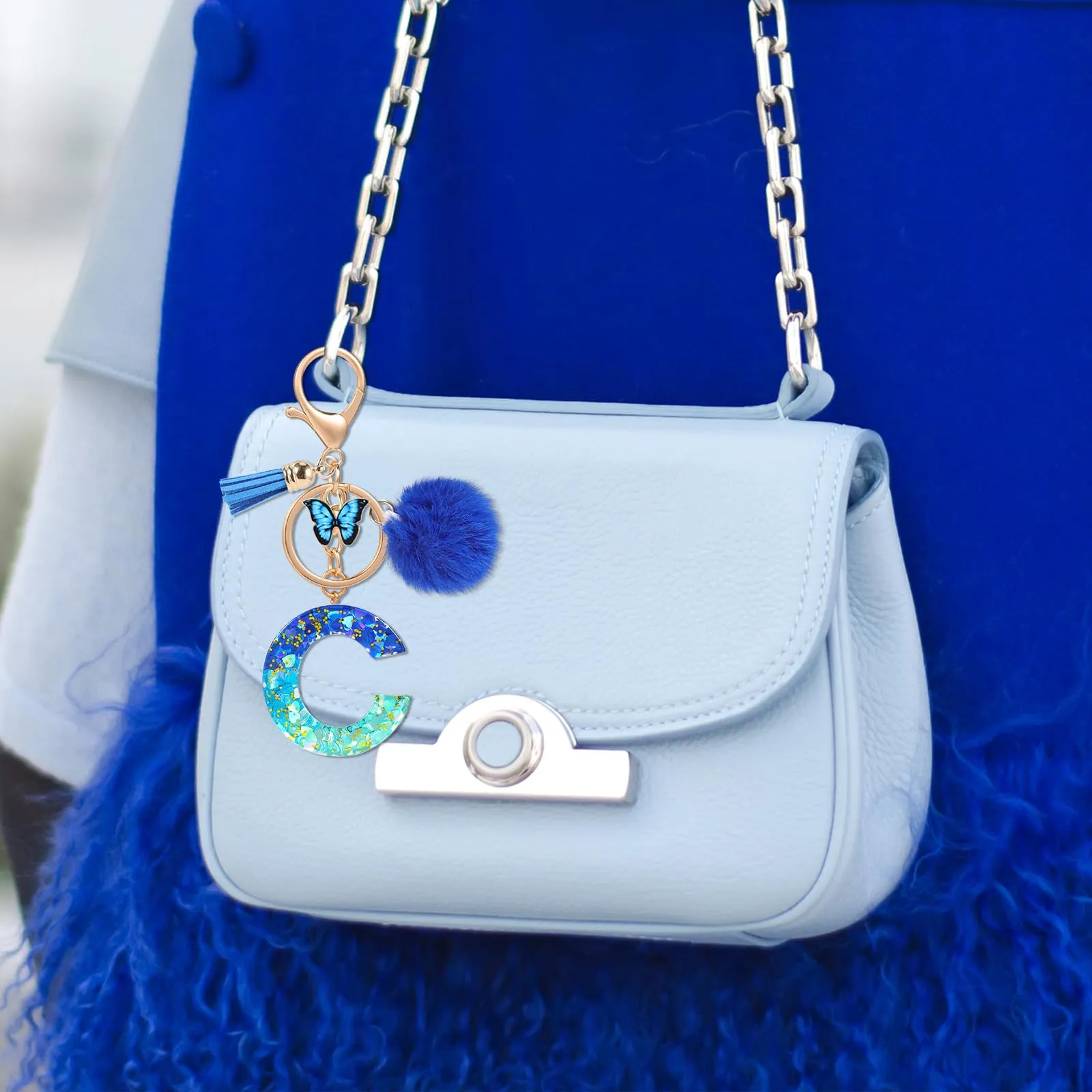 MWOOT Nome Lettera iniziale C Portachiavi, Blu Portachiavi per auto per donne, Ciondoli in Resina per Chiave della Porta Chiavi della Macchina Decorazione della Borsa - immagine 7