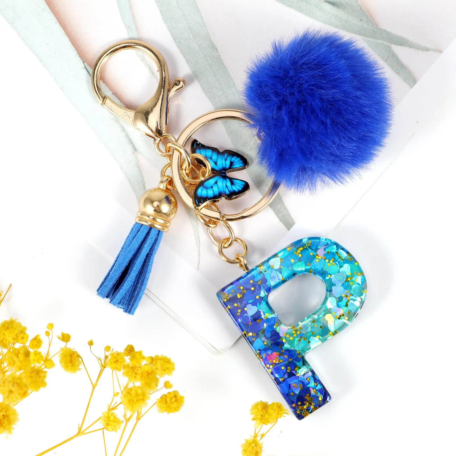 MWOOT Nome Lettera iniziale P Portachiavi, Blu Portachiavi per auto per donne, Ciondoli in Resina per Chiave della Porta Chiavi della Macchina Decorazione della Borsa - immagine 2