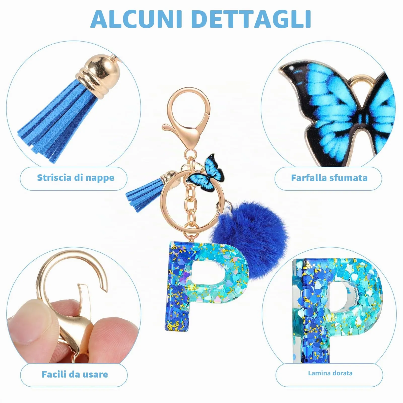MWOOT Nome Lettera iniziale P Portachiavi, Blu Portachiavi per auto per donne, Ciondoli in Resina per Chiave della Porta Chiavi della Macchina Decorazione della Borsa - immagine 4