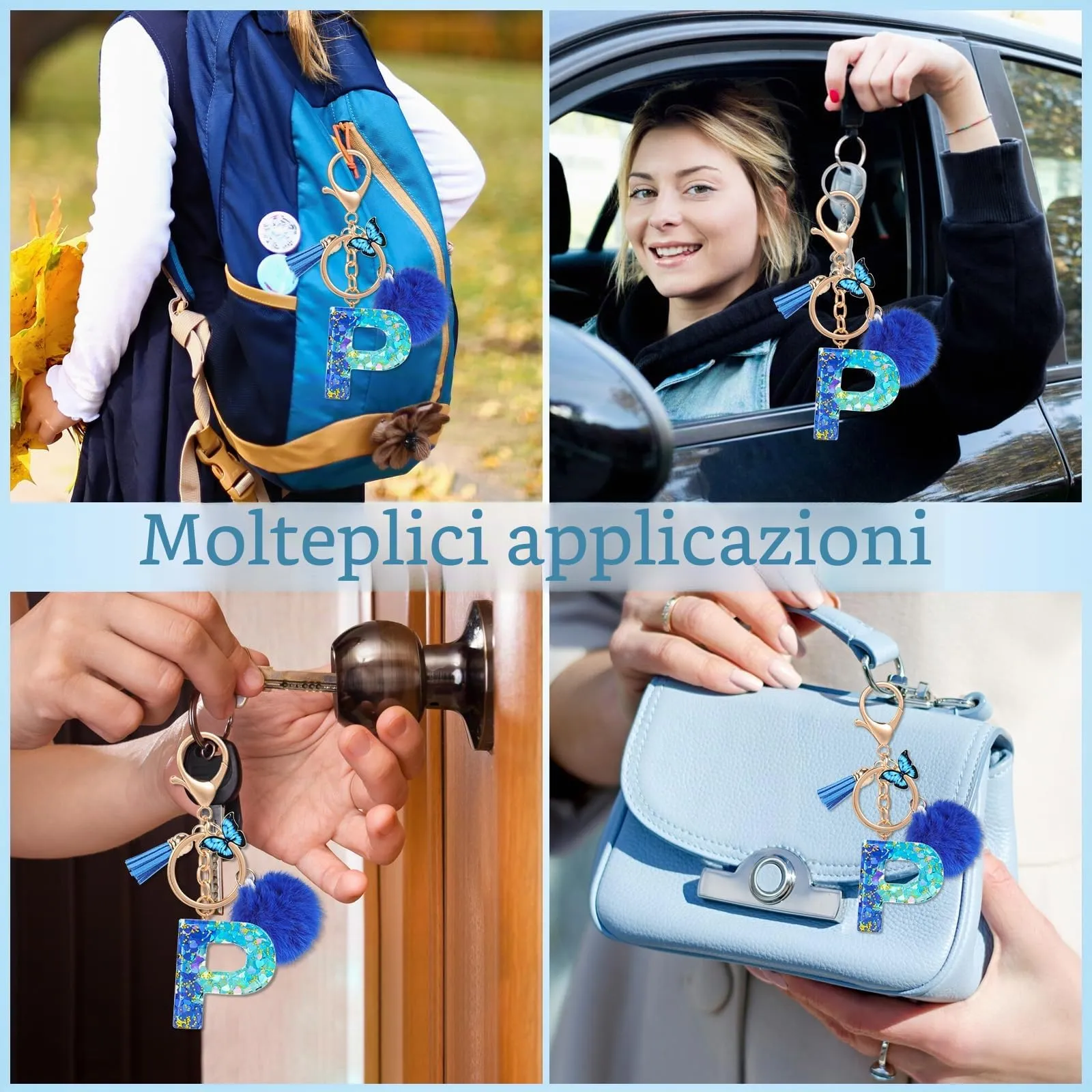 MWOOT Nome Lettera iniziale P Portachiavi, Blu Portachiavi per auto per donne, Ciondoli in Resina per Chiave della Porta Chiavi della Macchina Decorazione della Borsa - immagine 6