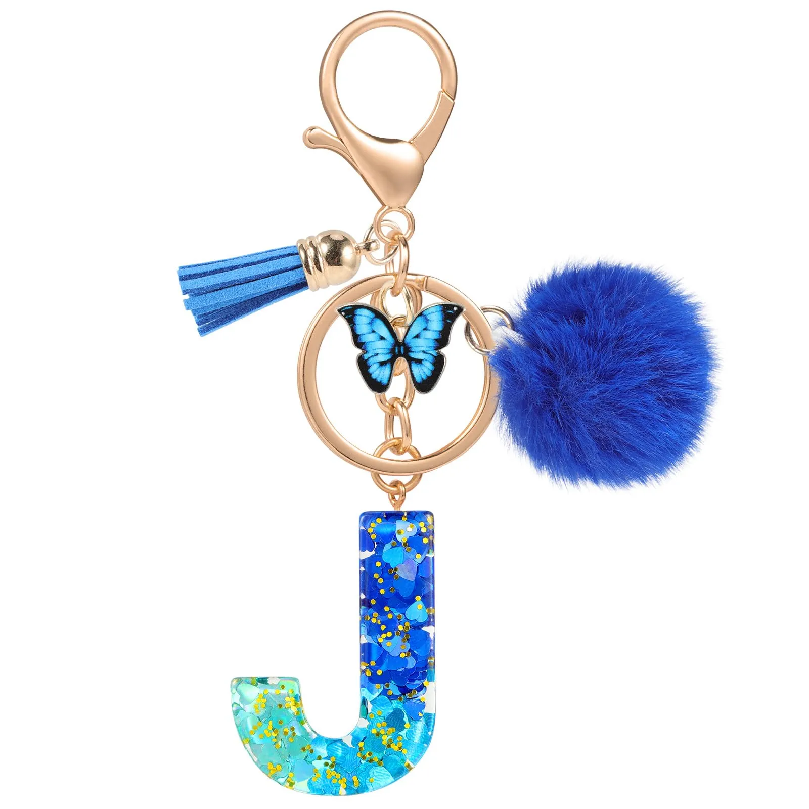 MWOOT Nome Lettera iniziale J Portachiavi, Blu Portachiavi per auto per donne, Ciondoli in Resina per Chiave della Porta Chiavi della Macchina Decorazione della Borsa - immagine 1