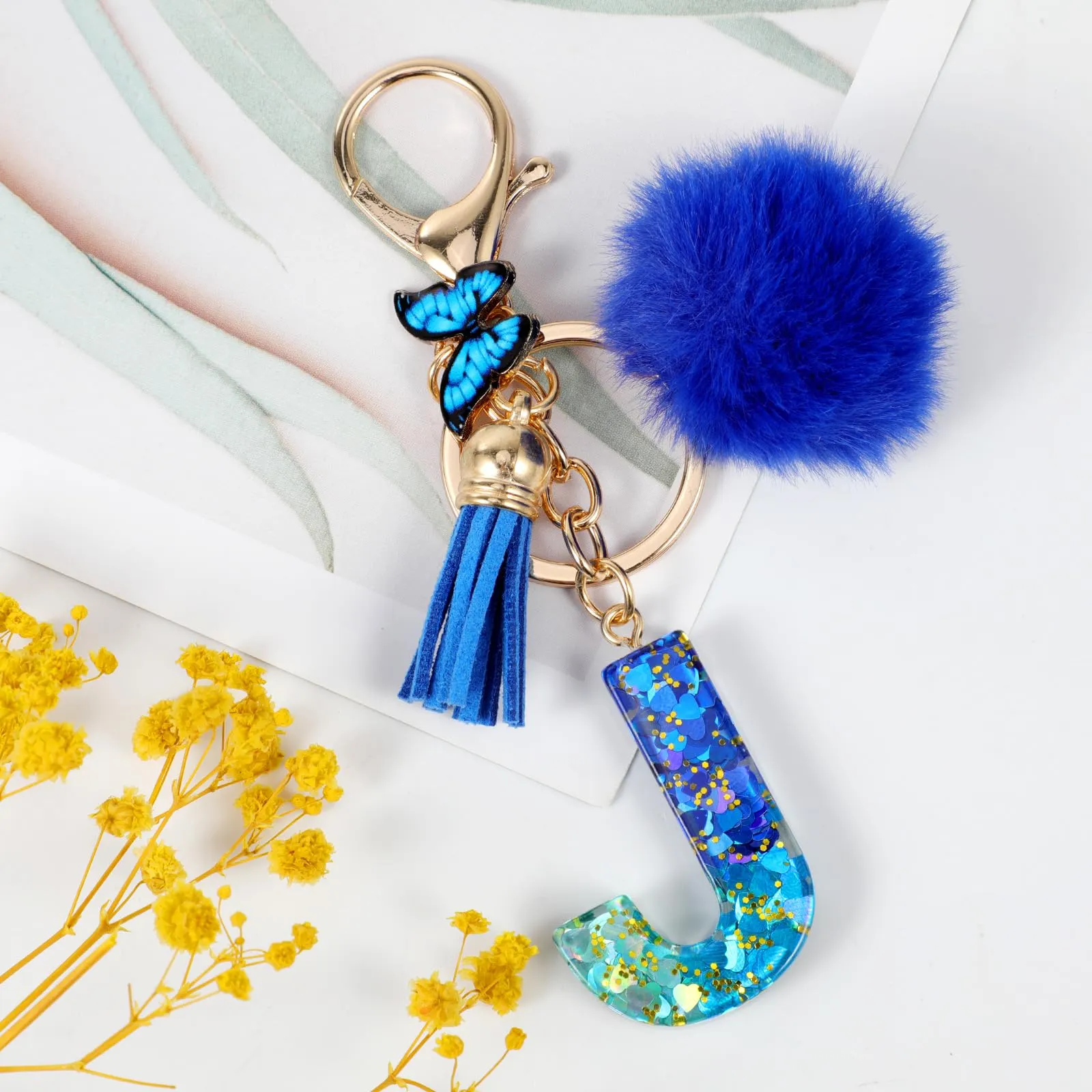MWOOT Nome Lettera iniziale J Portachiavi, Blu Portachiavi per auto per donne, Ciondoli in Resina per Chiave della Porta Chiavi della Macchina Decorazione della Borsa - immagine 2
