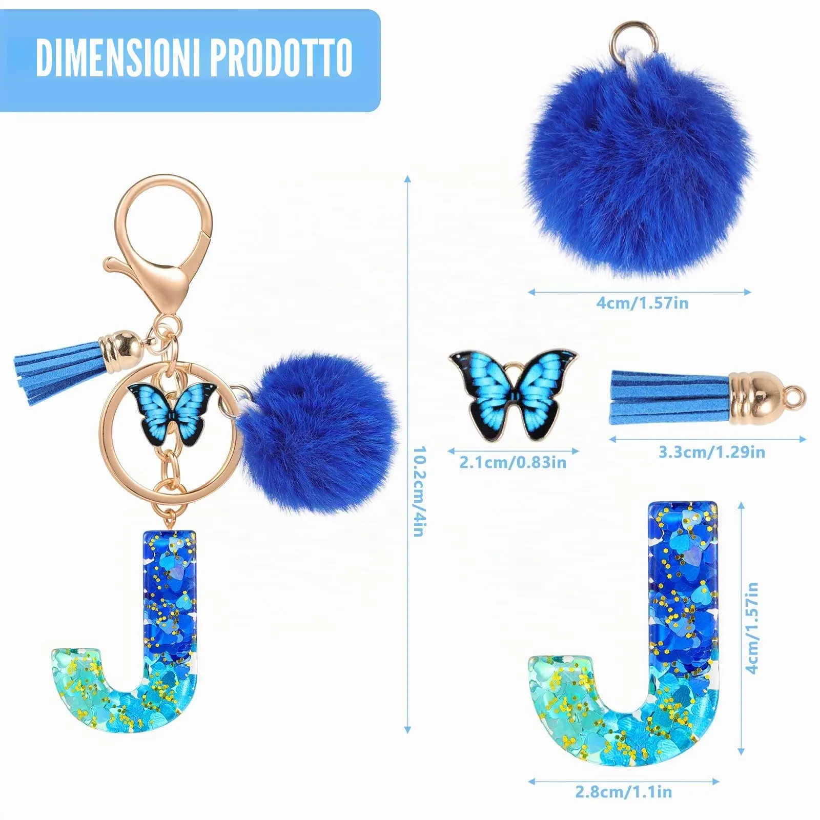 MWOOT Nome Lettera iniziale J Portachiavi, Blu Portachiavi per auto per donne, Ciondoli in Resina per Chiave della Porta Chiavi della Macchina Decorazione della Borsa - immagine 3