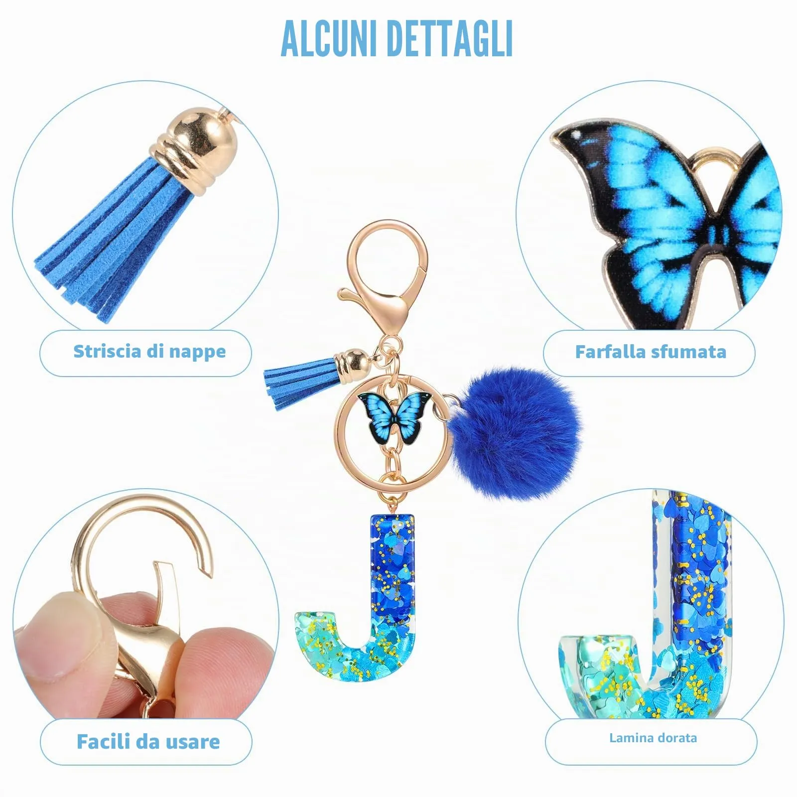 MWOOT Nome Lettera iniziale J Portachiavi, Blu Portachiavi per auto per donne, Ciondoli in Resina per Chiave della Porta Chiavi della Macchina Decorazione della Borsa - immagine 4
