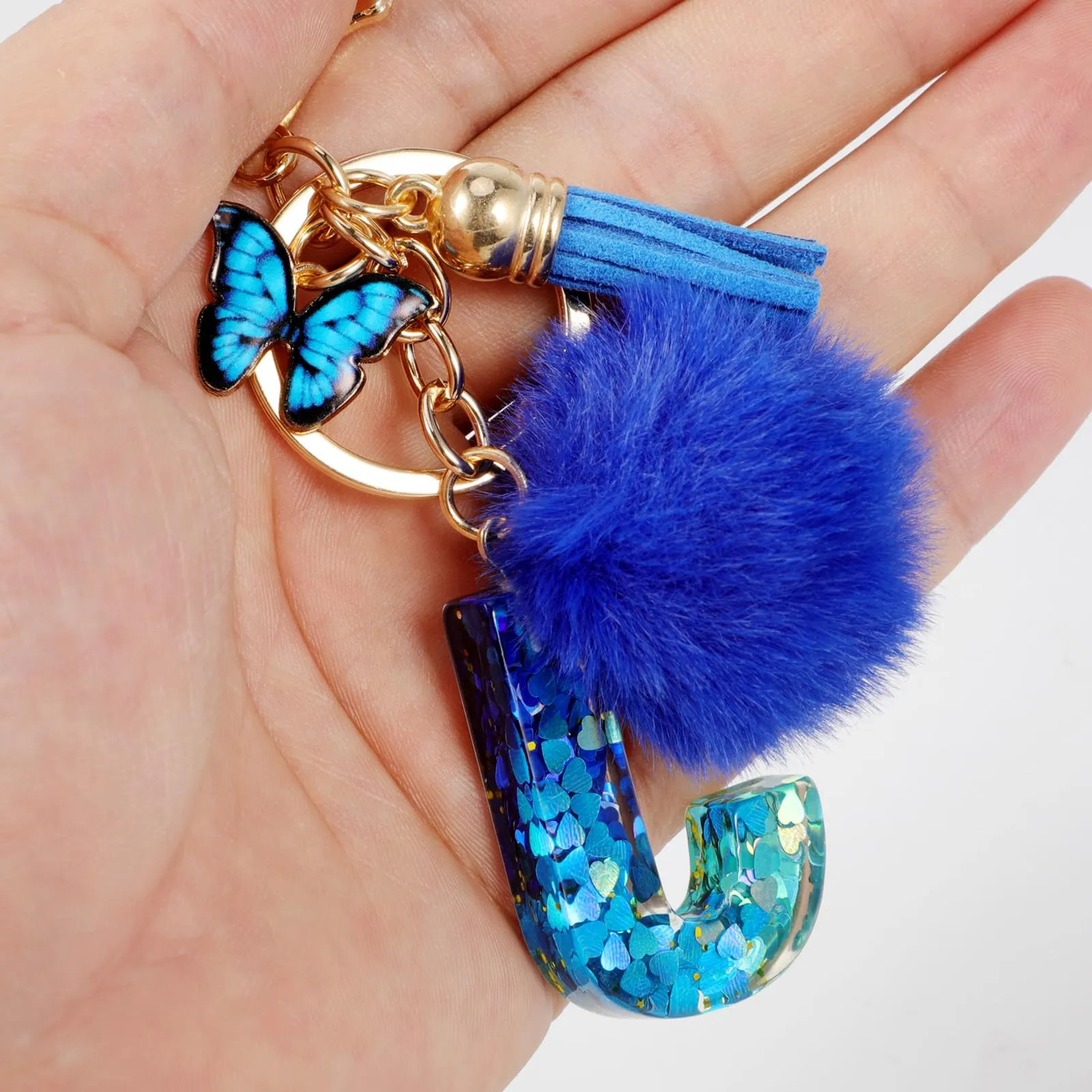 MWOOT Nome Lettera iniziale J Portachiavi, Blu Portachiavi per auto per donne, Ciondoli in Resina per Chiave della Porta Chiavi della Macchina Decorazione della Borsa - immagine 5