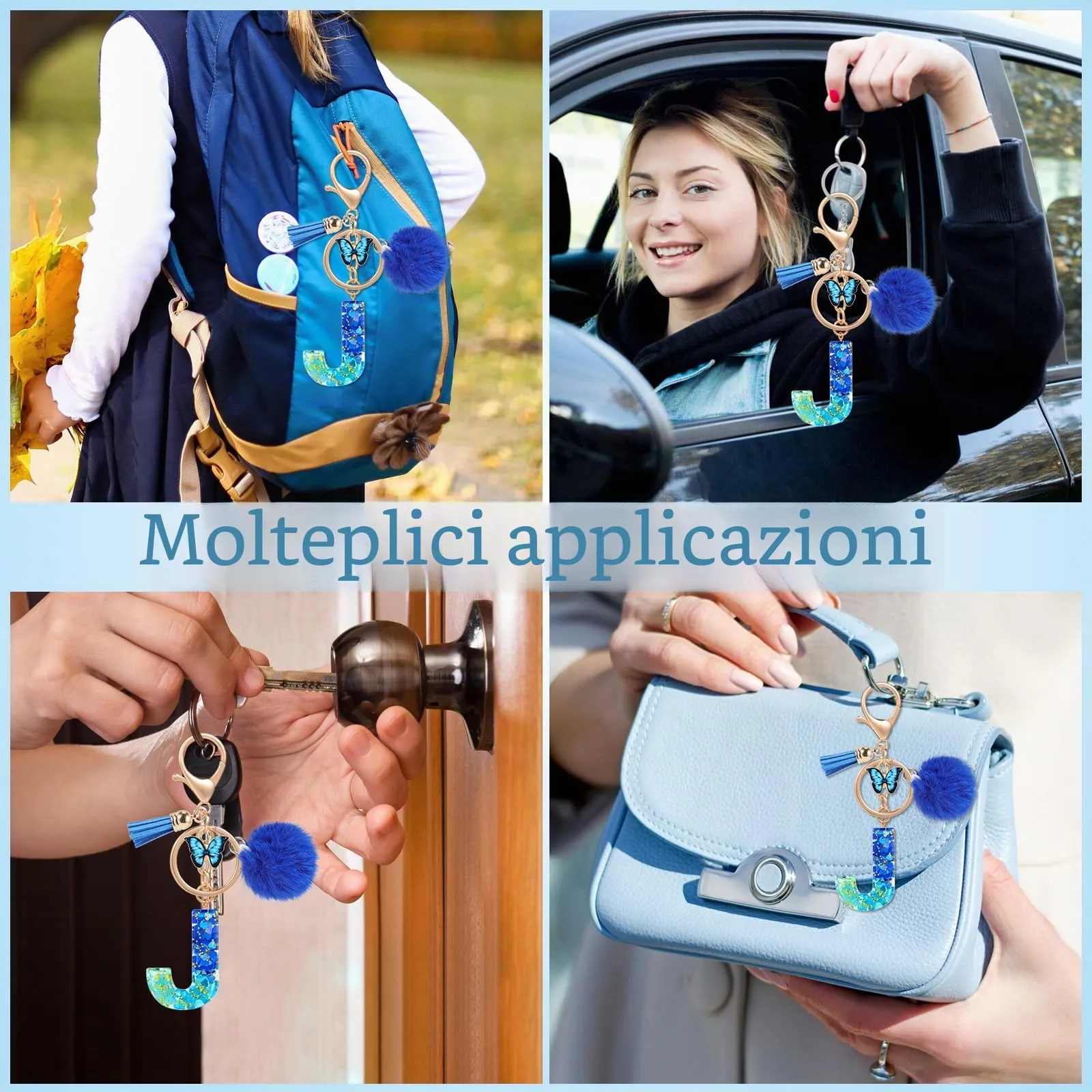 MWOOT Nome Lettera iniziale J Portachiavi, Blu Portachiavi per auto per donne, Ciondoli in Resina per Chiave della Porta Chiavi della Macchina Decorazione della Borsa - immagine 7