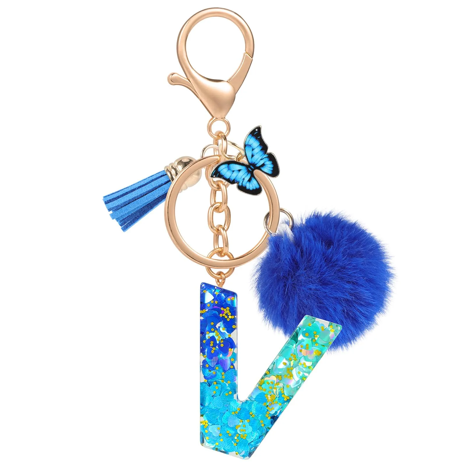 MWOOT Nome Lettera iniziale V Portachiavi, Blu Portachiavi per auto per donne, Ciondoli in Resina per Chiave della Porta Chiavi della Macchina Decorazione della Borsa - immagine 1