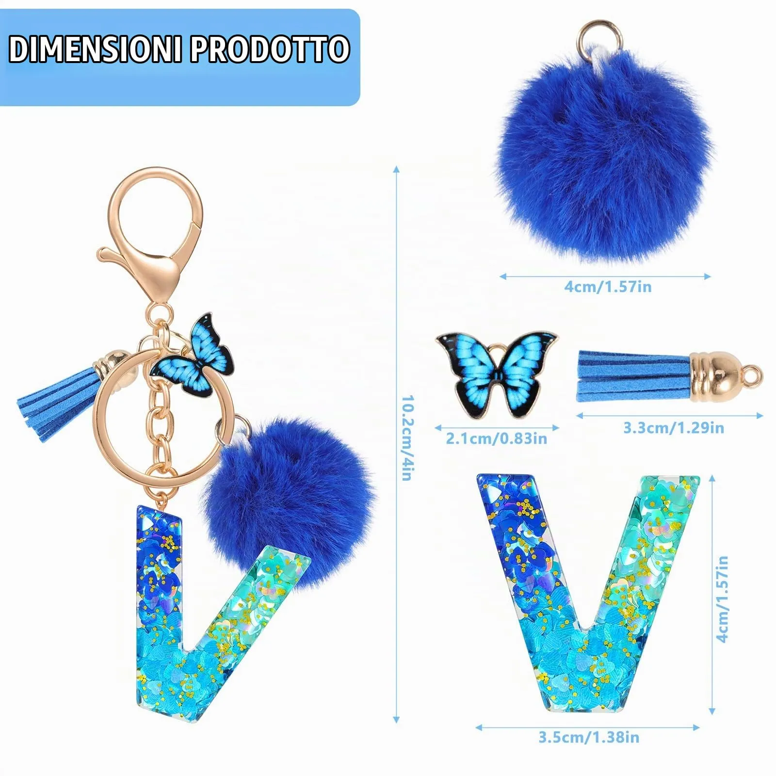 MWOOT Nome Lettera iniziale V Portachiavi, Blu Portachiavi per auto per donne, Ciondoli in Resina per Chiave della Porta Chiavi della Macchina Decorazione della Borsa - immagine 3