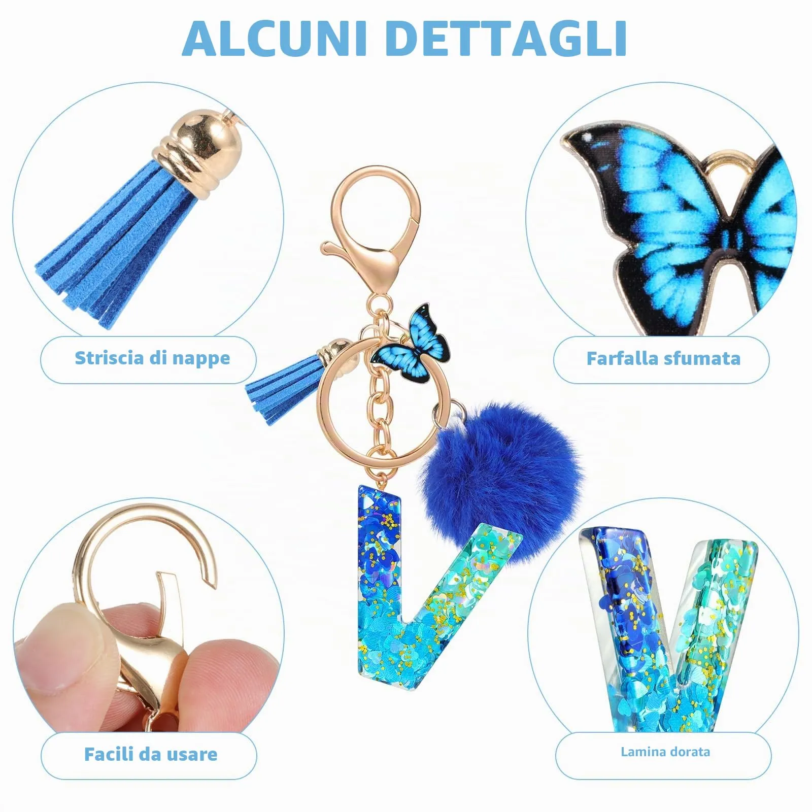 MWOOT Nome Lettera iniziale V Portachiavi, Blu Portachiavi per auto per donne, Ciondoli in Resina per Chiave della Porta Chiavi della Macchina Decorazione della Borsa - immagine 4