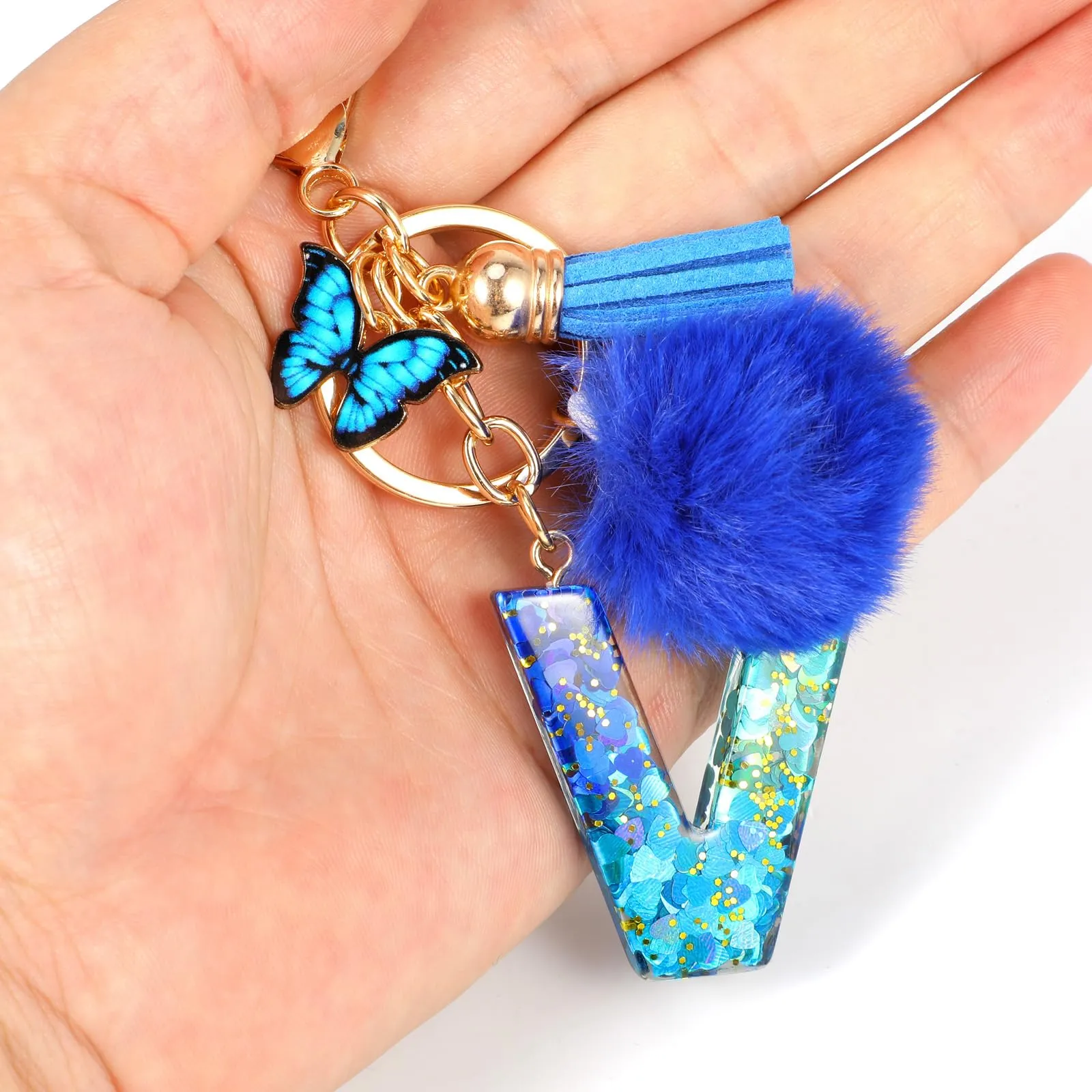 MWOOT Nome Lettera iniziale V Portachiavi, Blu Portachiavi per auto per donne, Ciondoli in Resina per Chiave della Porta Chiavi della Macchina Decorazione della Borsa - immagine 5
