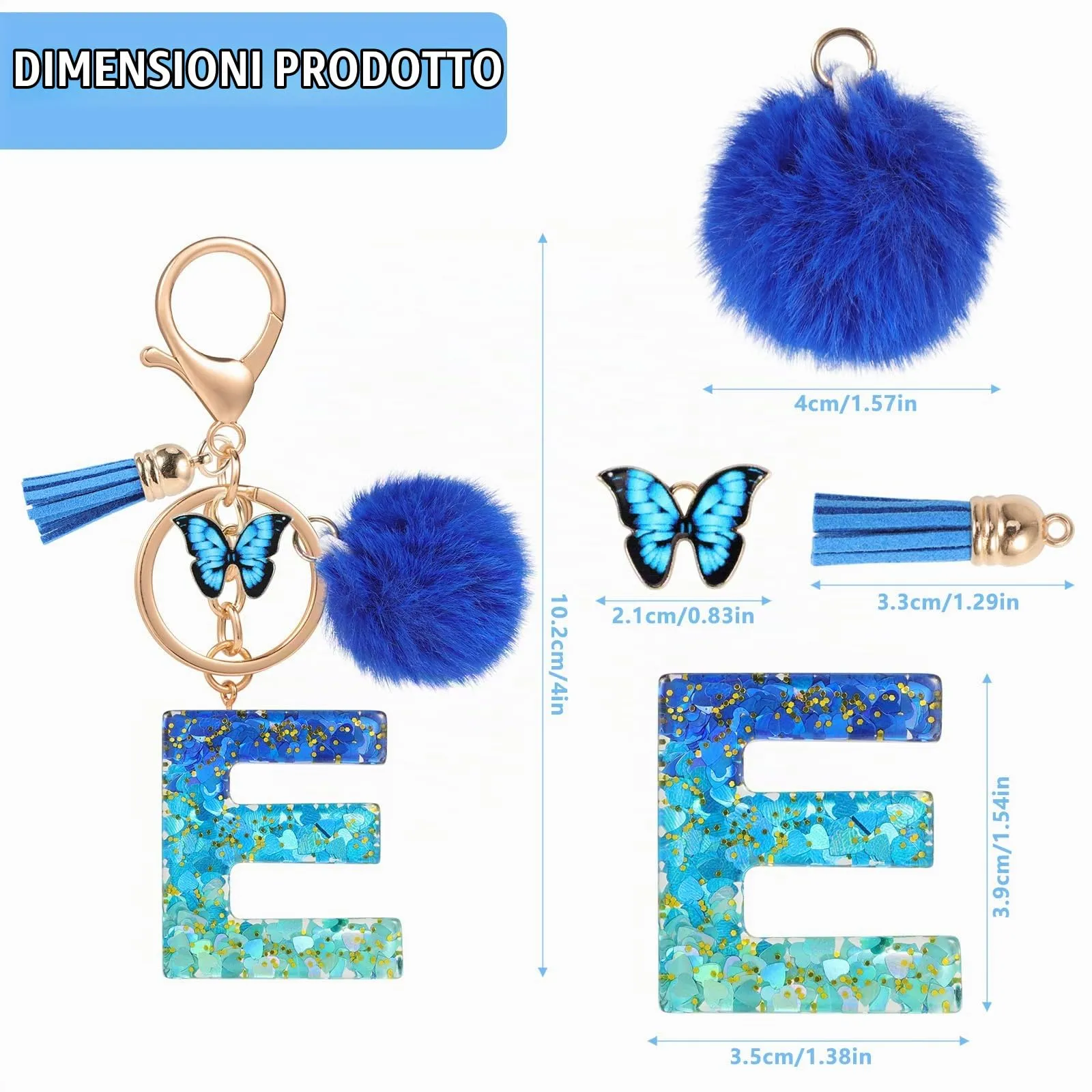 MWOOT Nome Lettera iniziale E Portachiavi, Blu Portachiavi per auto per donne, Ciondoli in Resina per Chiave della Porta Chiavi della Macchina Decorazione della Borsa - immagine 3