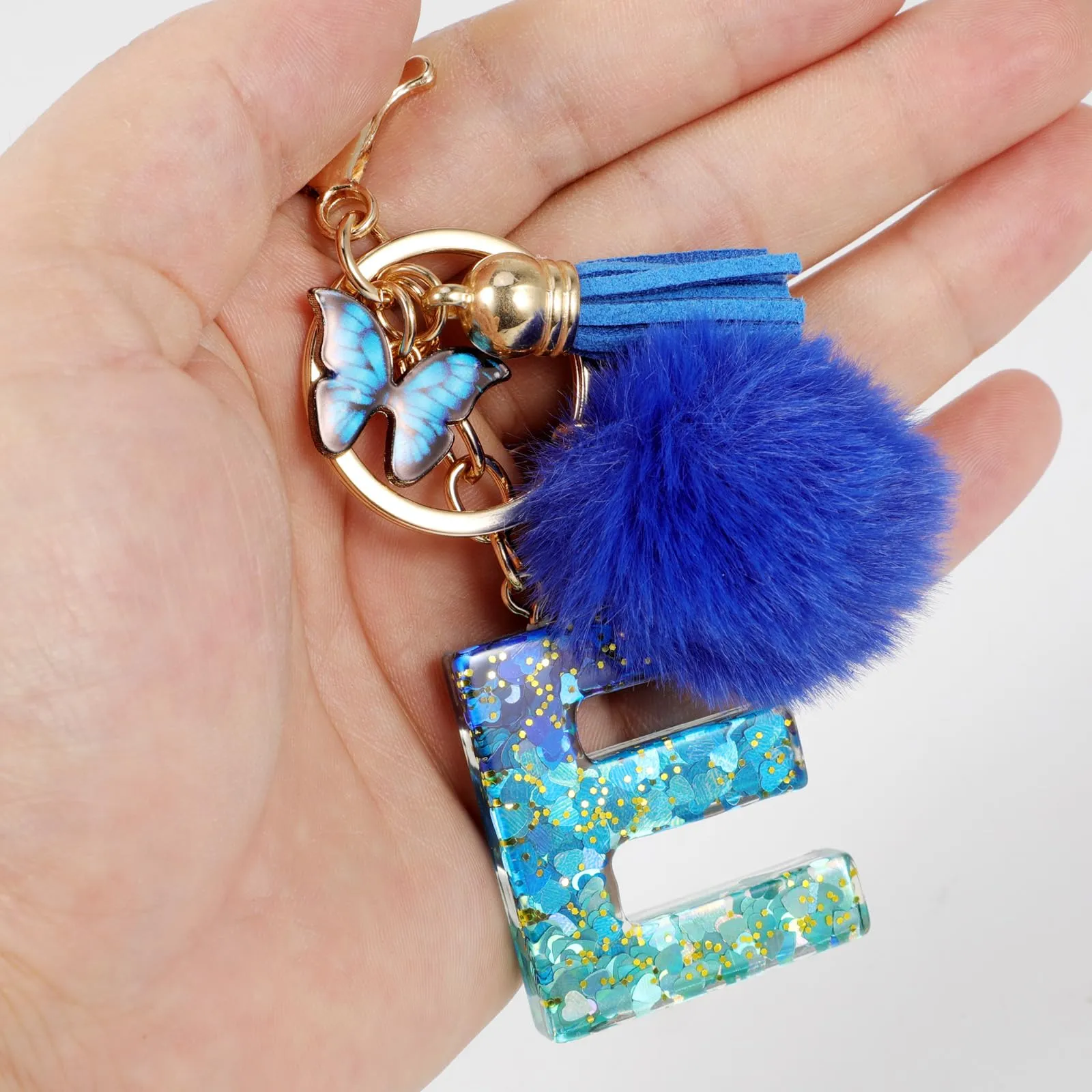 MWOOT Nome Lettera iniziale E Portachiavi, Blu Portachiavi per auto per donne, Ciondoli in Resina per Chiave della Porta Chiavi della Macchina Decorazione della Borsa - immagine 4