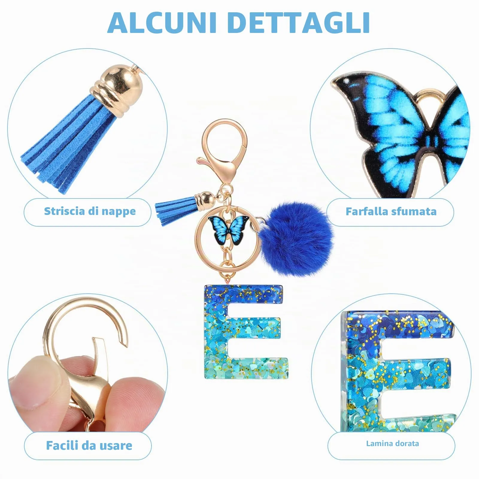 MWOOT Nome Lettera iniziale E Portachiavi, Blu Portachiavi per auto per donne, Ciondoli in Resina per Chiave della Porta Chiavi della Macchina Decorazione della Borsa - immagine 5
