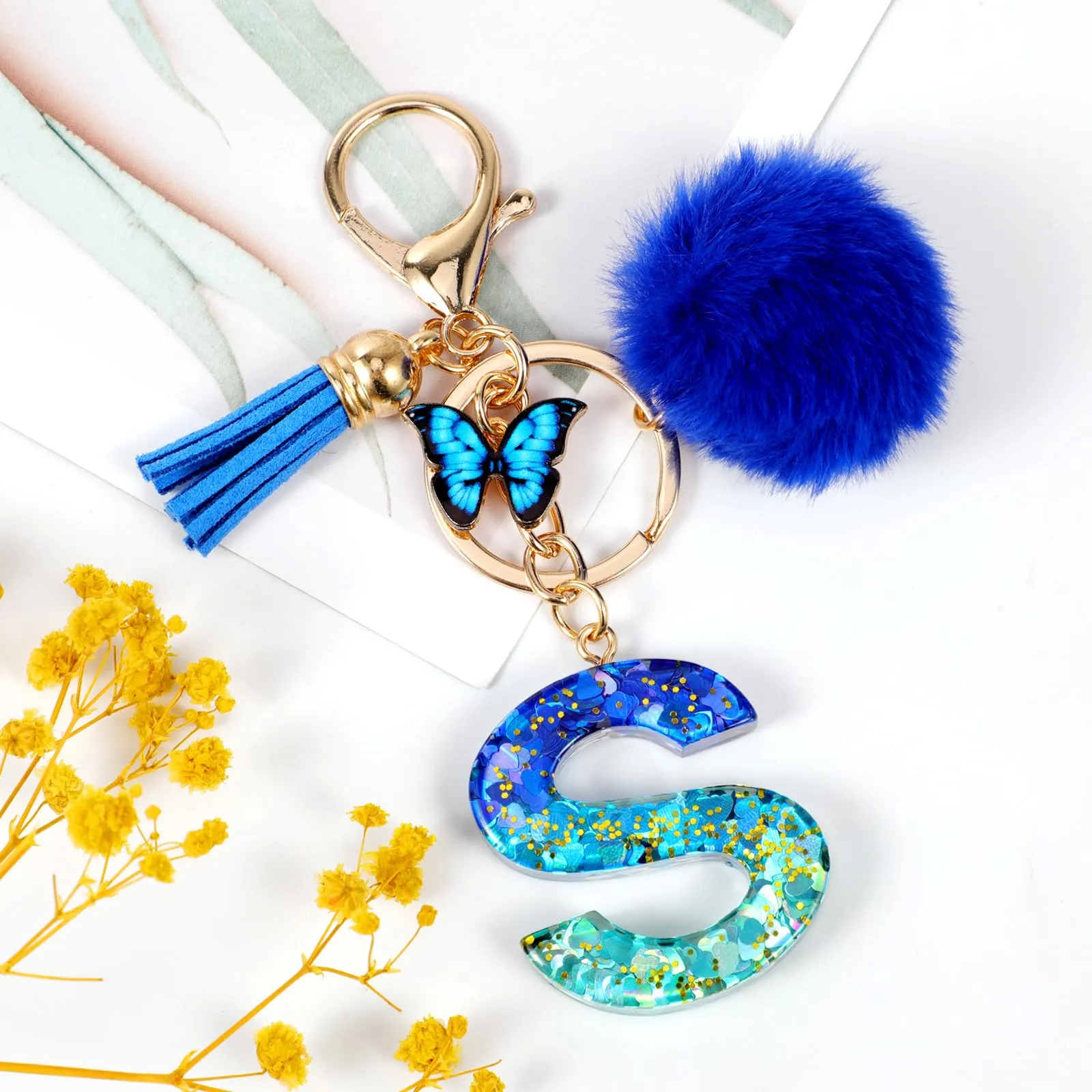 MWOOT Nome Lettera iniziale S Portachiavi, Blu Portachiavi per auto per donne, Ciondoli in Resina per Chiave della Porta Chiavi della Macchina Decorazione della Borsa - immagine 2