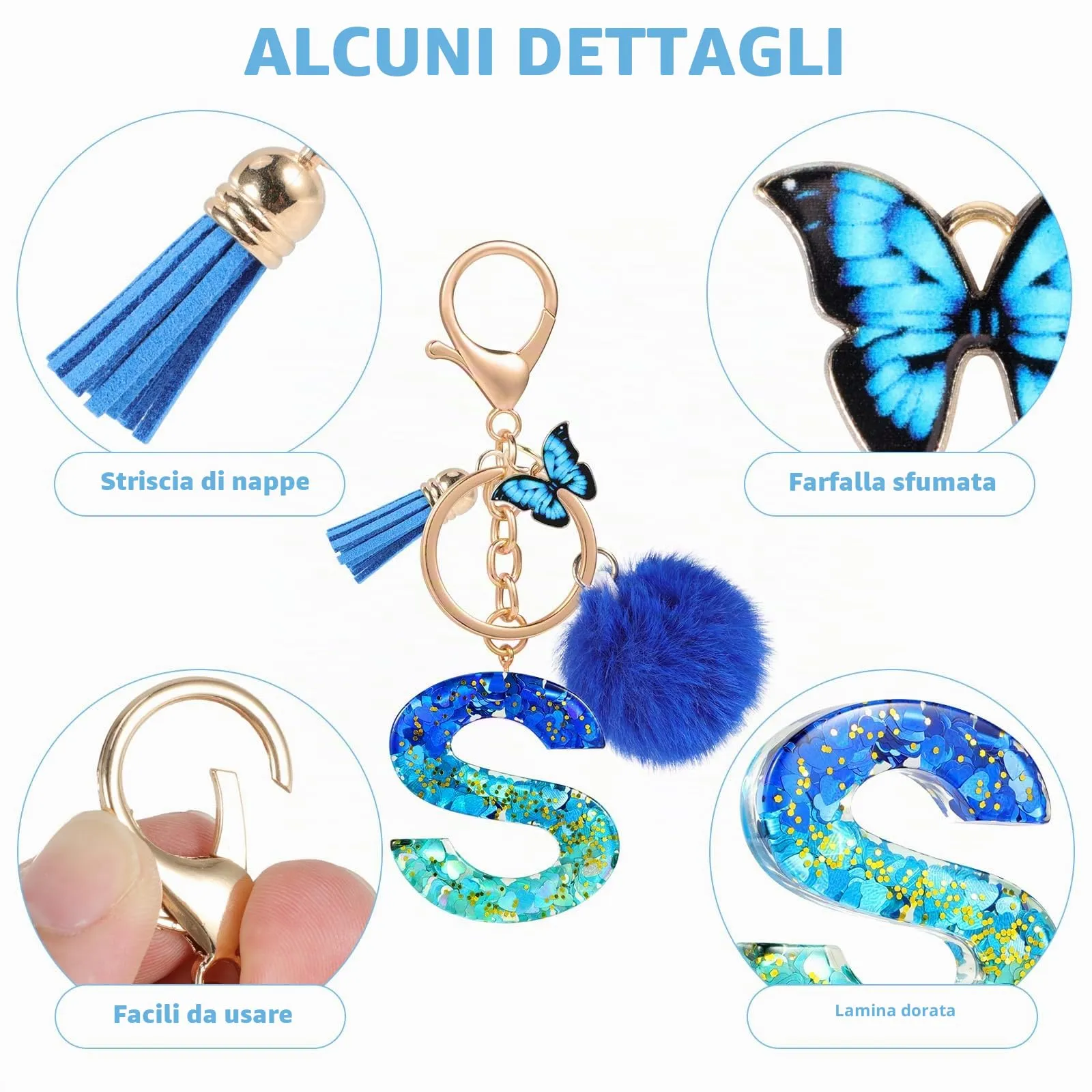MWOOT Nome Lettera iniziale S Portachiavi, Blu Portachiavi per auto per donne, Ciondoli in Resina per Chiave della Porta Chiavi della Macchina Decorazione della Borsa - immagine 4