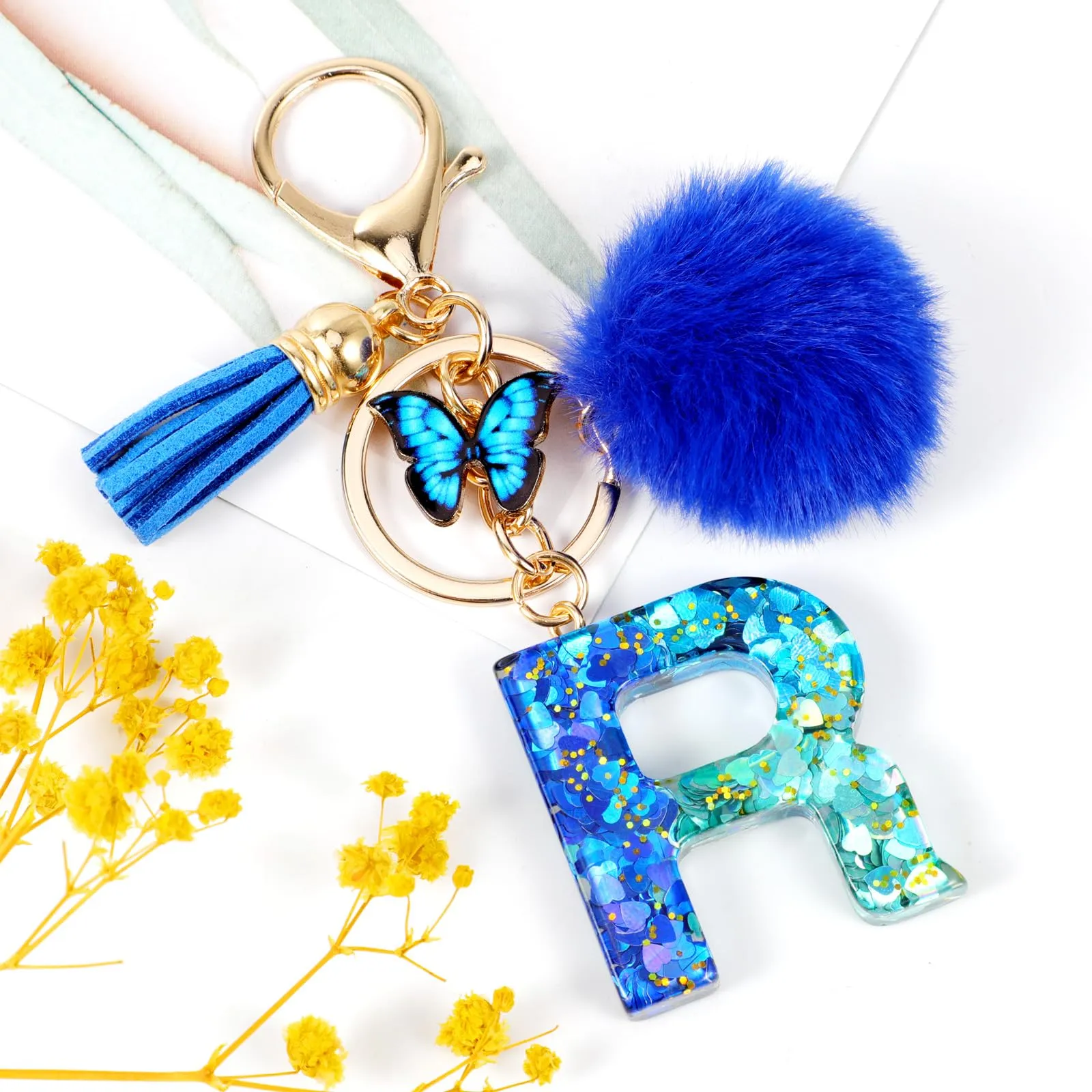 MWOOT Nome Lettera iniziale R Portachiavi, Blu Portachiavi per auto per donne, Ciondoli in Resina per Chiave della Porta Chiavi della Macchina Decorazione della Borsa - immagine 2