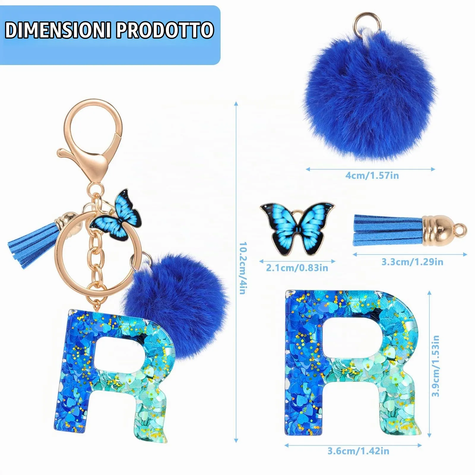 MWOOT Nome Lettera iniziale R Portachiavi, Blu Portachiavi per auto per donne, Ciondoli in Resina per Chiave della Porta Chiavi della Macchina Decorazione della Borsa - immagine 3