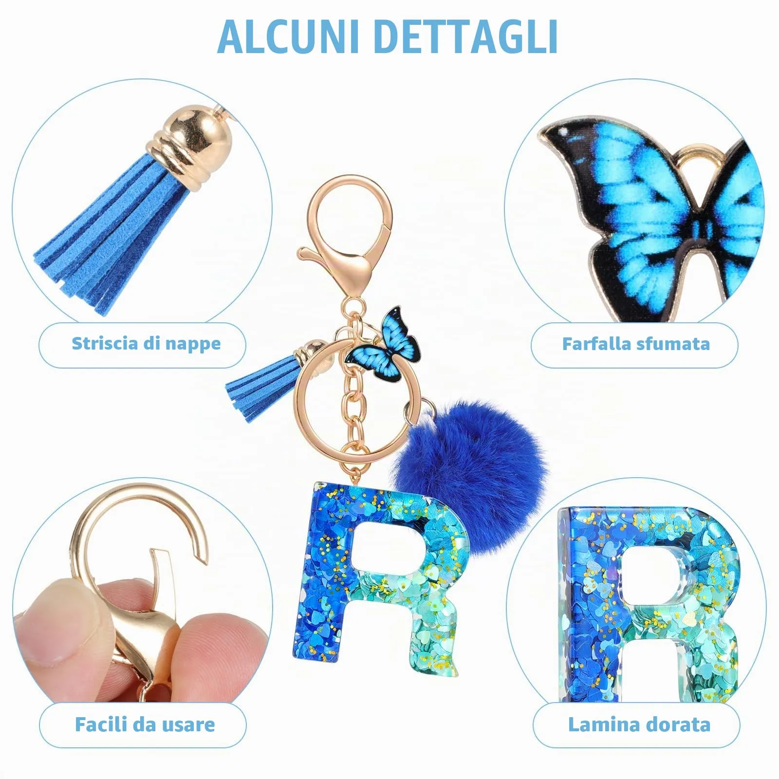 MWOOT Nome Lettera iniziale R Portachiavi, Blu Portachiavi per auto per donne, Ciondoli in Resina per Chiave della Porta Chiavi della Macchina Decorazione della Borsa - immagine 4