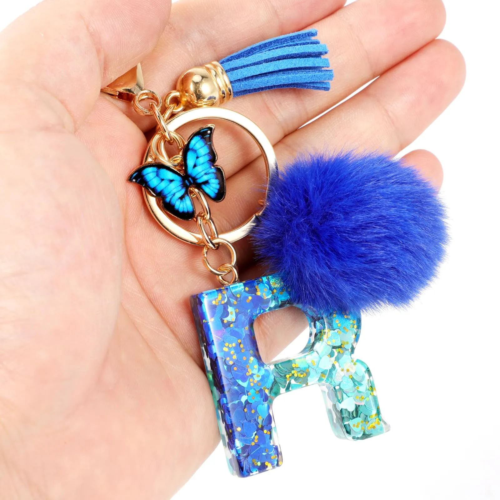 MWOOT Nome Lettera iniziale R Portachiavi, Blu Portachiavi per auto per donne, Ciondoli in Resina per Chiave della Porta Chiavi della Macchina Decorazione della Borsa - immagine 5