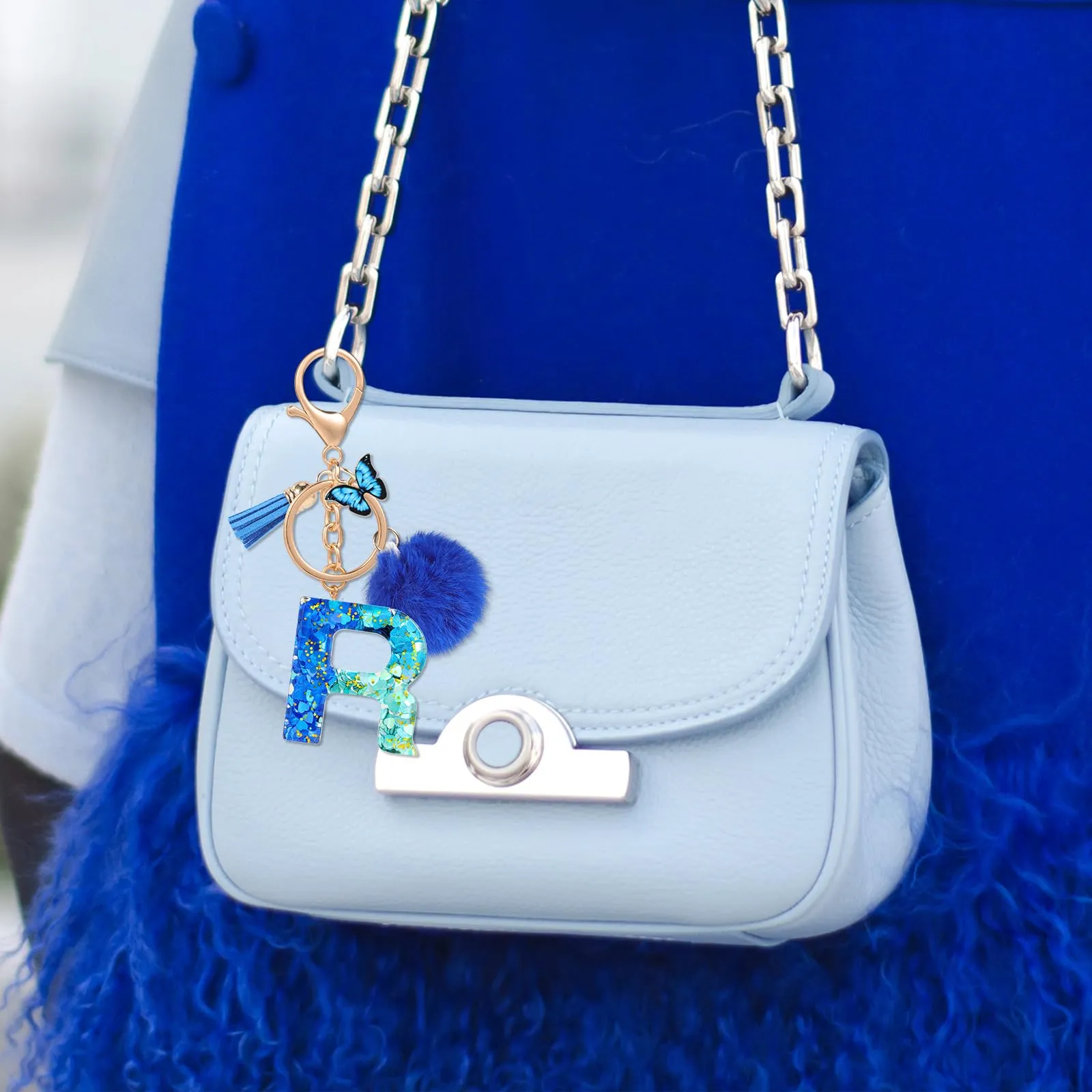 MWOOT Nome Lettera iniziale R Portachiavi, Blu Portachiavi per auto per donne, Ciondoli in Resina per Chiave della Porta Chiavi della Macchina Decorazione della Borsa - immagine 6