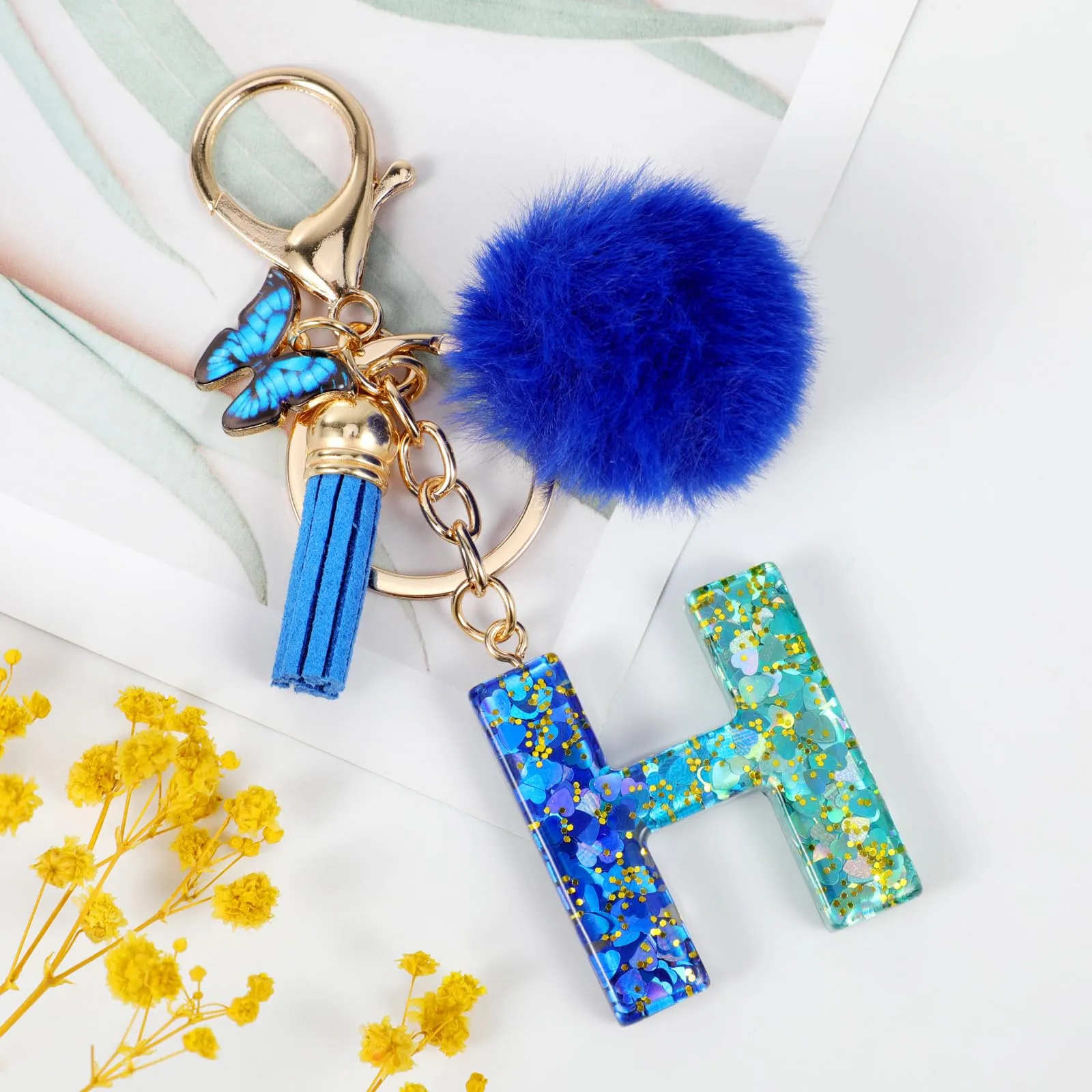 MWOOT Nome Lettera iniziale H Portachiavi, Blu Portachiavi per auto per donne, Ciondoli in Resina per Chiave della Porta Chiavi della Macchina Decorazione della Borsa - immagine 2