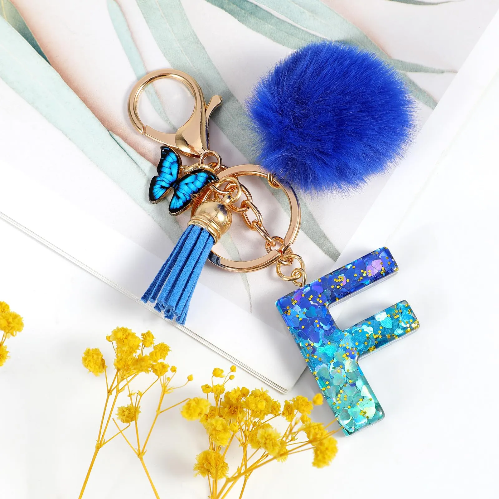 MWOOT Nome Lettera iniziale F Portachiavi, Blu Portachiavi per auto per donne, Ciondoli in Resina per Chiave della Porta Chiavi della Macchina Decorazione della Borsa - immagine 2