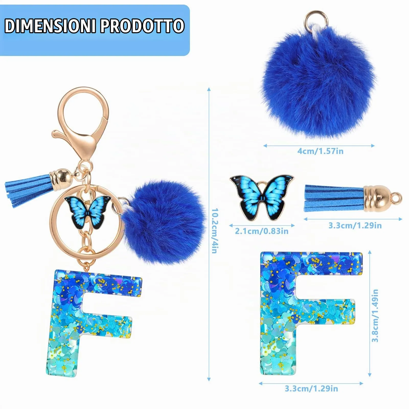 MWOOT Nome Lettera iniziale F Portachiavi, Blu Portachiavi per auto per donne, Ciondoli in Resina per Chiave della Porta Chiavi della Macchina Decorazione della Borsa - immagine 3