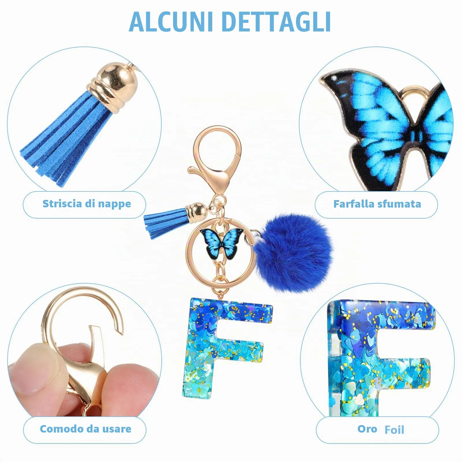 MWOOT Nome Lettera iniziale F Portachiavi, Blu Portachiavi per auto per donne, Ciondoli in Resina per Chiave della Porta Chiavi della Macchina Decorazione della Borsa - immagine 4