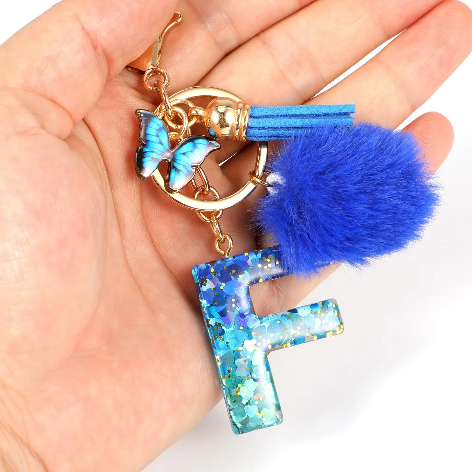 MWOOT Nome Lettera iniziale F Portachiavi, Blu Portachiavi per auto per donne, Ciondoli in Resina per Chiave della Porta Chiavi della Macchina Decorazione della Borsa - immagine 5
