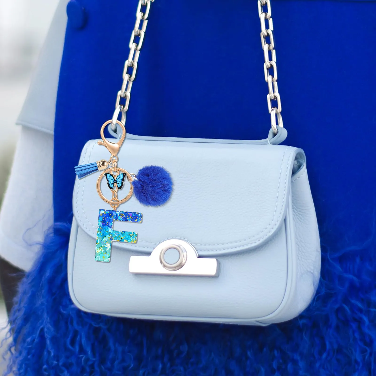 MWOOT Nome Lettera iniziale F Portachiavi, Blu Portachiavi per auto per donne, Ciondoli in Resina per Chiave della Porta Chiavi della Macchina Decorazione della Borsa - immagine 7