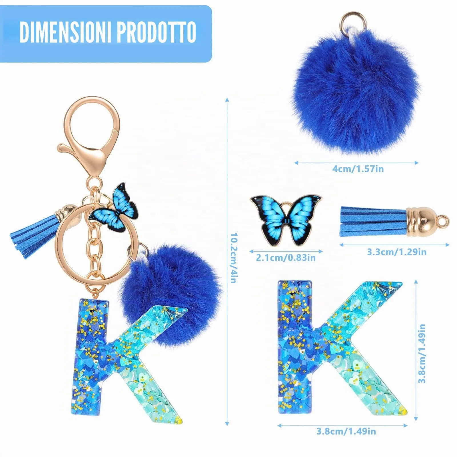 MWOOT Nome Lettera iniziale K Portachiavi, Blu Portachiavi per auto per donne, Ciondoli in Resina per Chiave della Porta Chiavi della Macchina Decorazione della Borsa - immagine 3