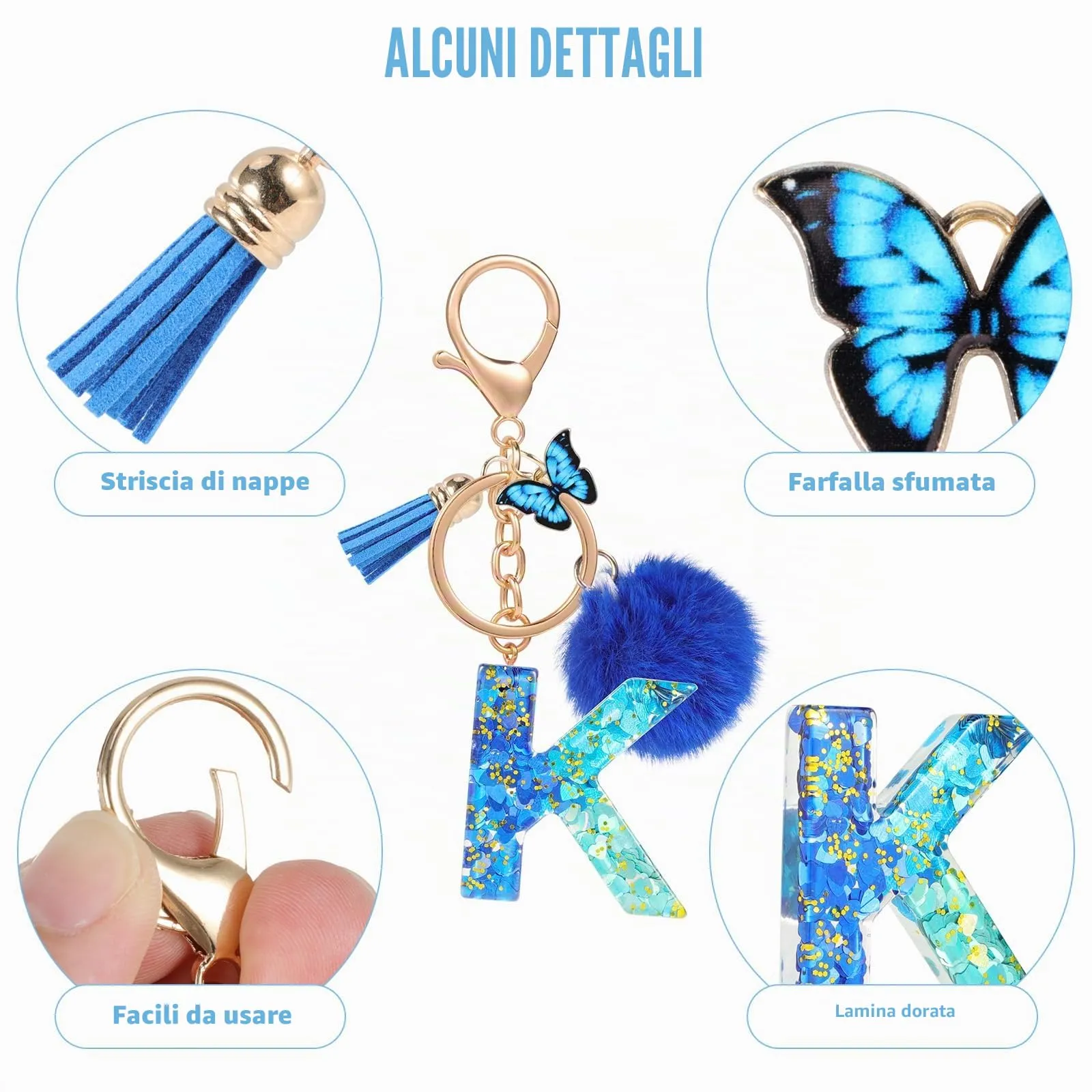 MWOOT Nome Lettera iniziale K Portachiavi, Blu Portachiavi per auto per donne, Ciondoli in Resina per Chiave della Porta Chiavi della Macchina Decorazione della Borsa - immagine 4