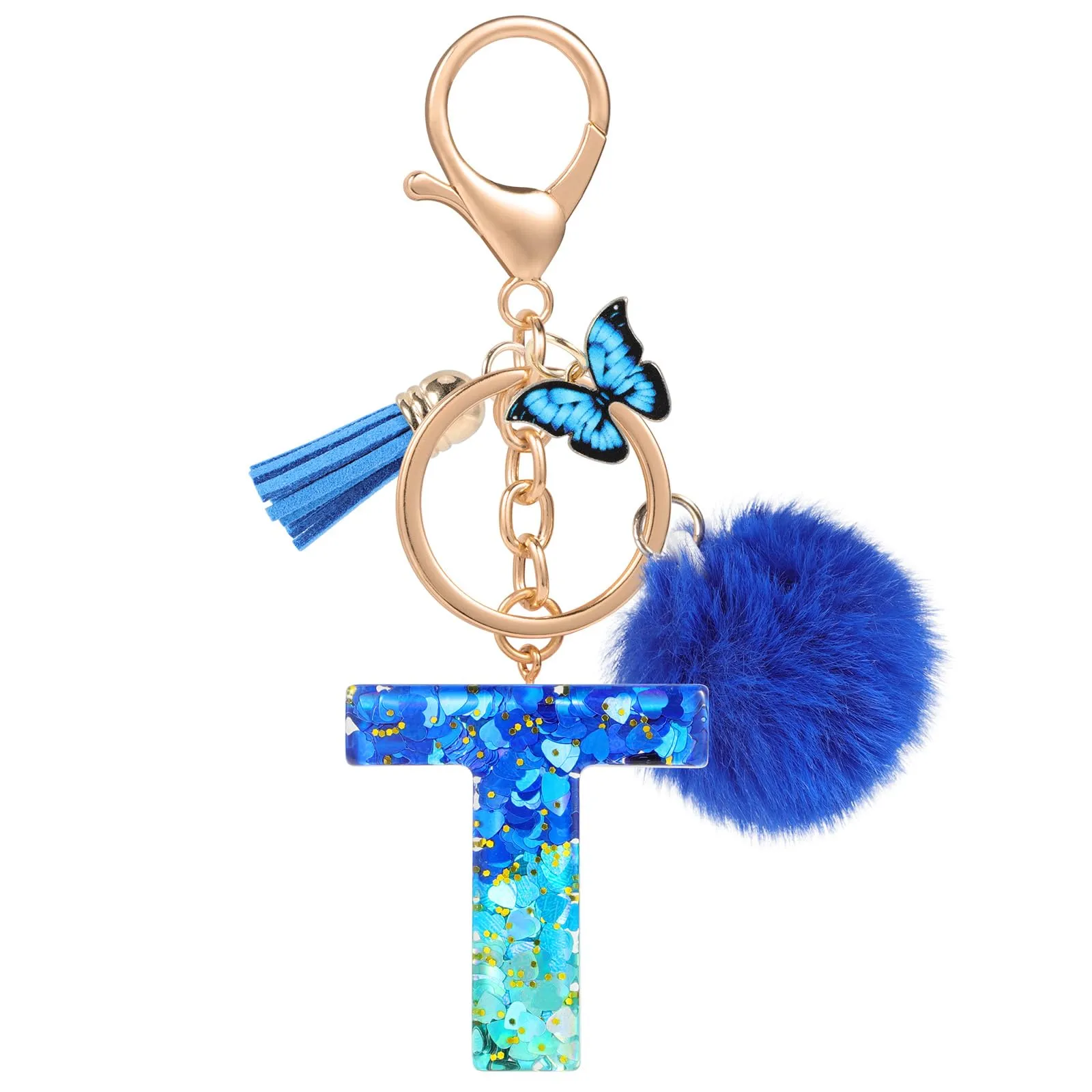 MWOOT Nome Lettera iniziale T Portachiavi, Blu Portachiavi per auto per donne, Ciondoli in Resina per Chiave della Porta Chiavi della Macchina Decorazione della Borsa - immagine 1