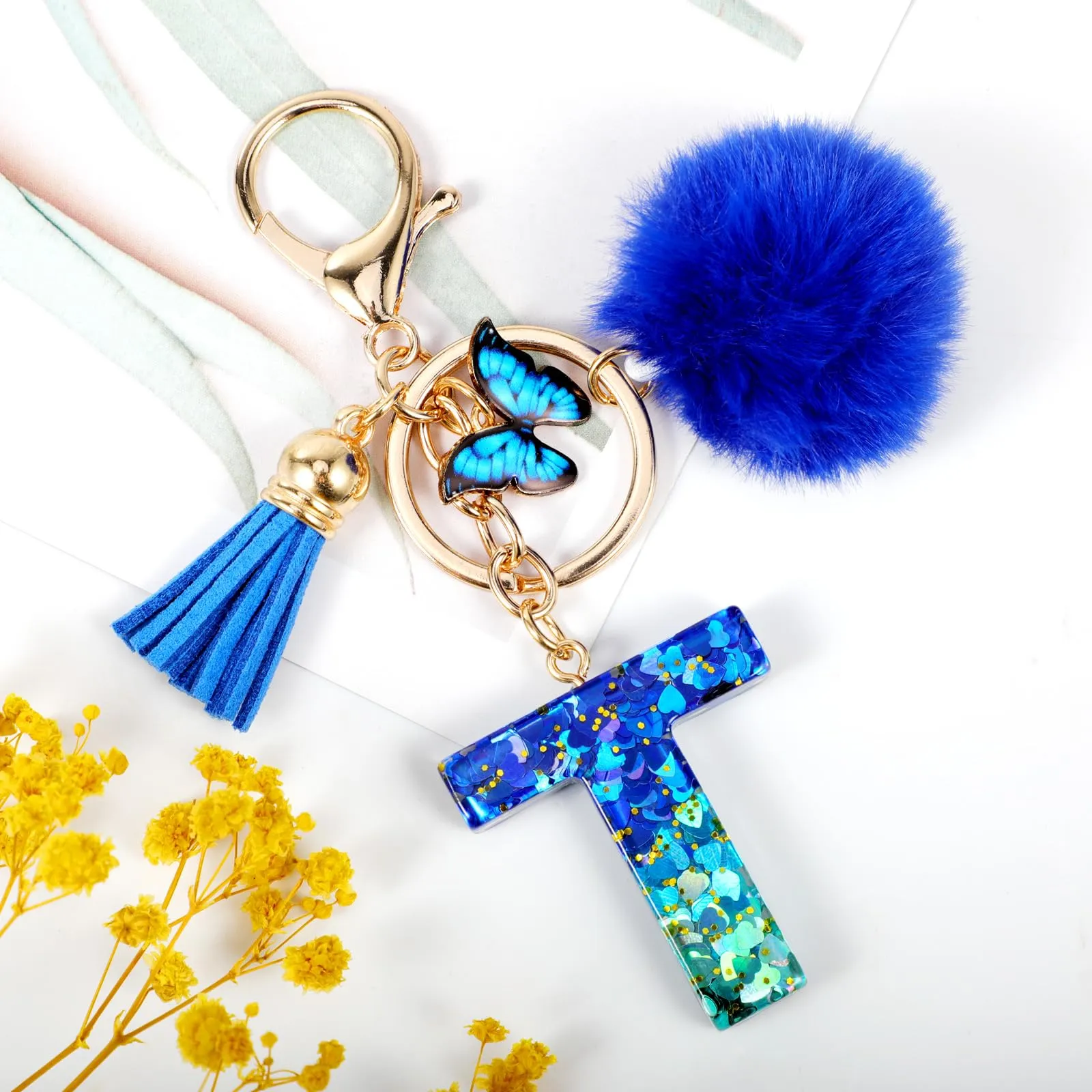 MWOOT Nome Lettera iniziale T Portachiavi, Blu Portachiavi per auto per donne, Ciondoli in Resina per Chiave della Porta Chiavi della Macchina Decorazione della Borsa - immagine 2