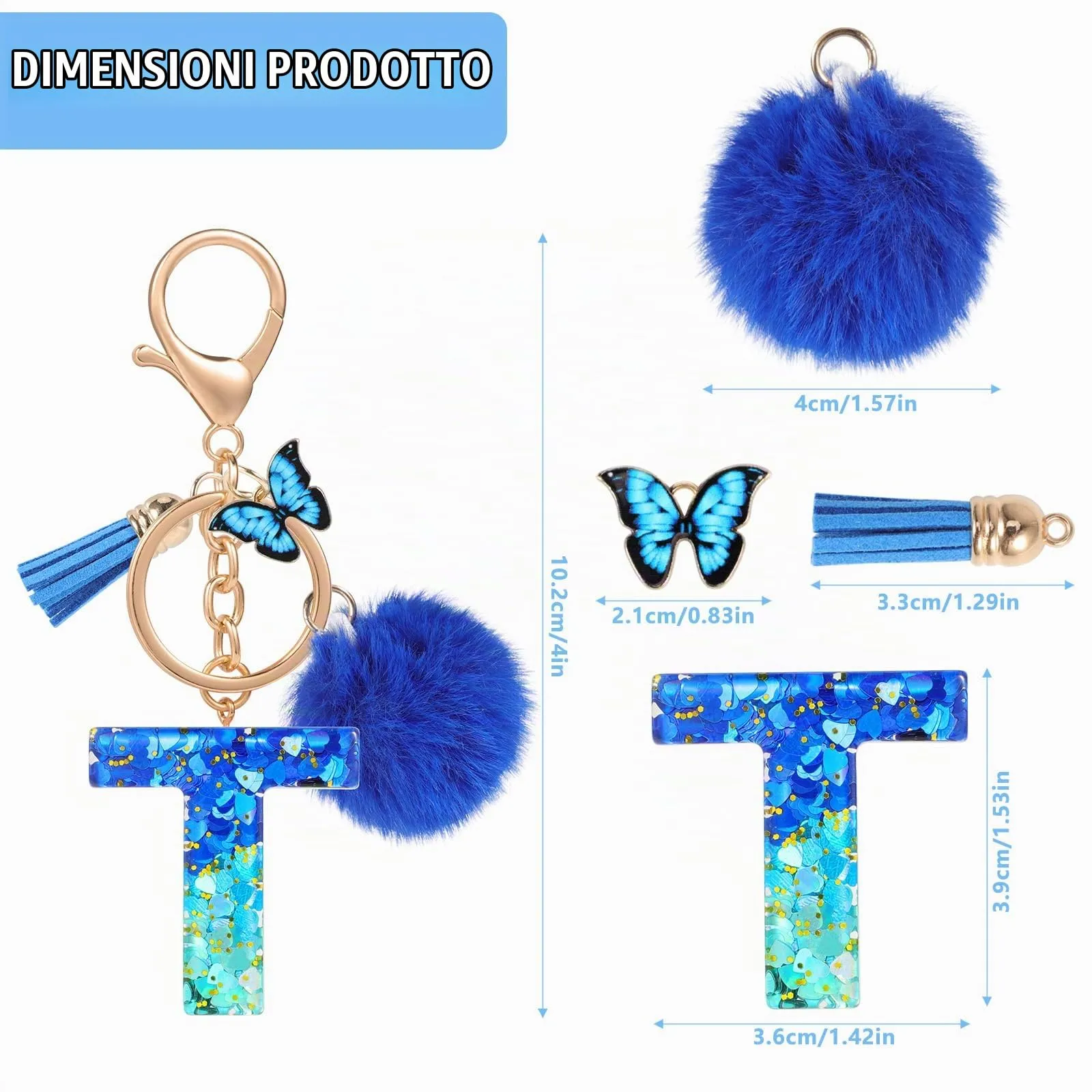 MWOOT Nome Lettera iniziale T Portachiavi, Blu Portachiavi per auto per donne, Ciondoli in Resina per Chiave della Porta Chiavi della Macchina Decorazione della Borsa - immagine 3